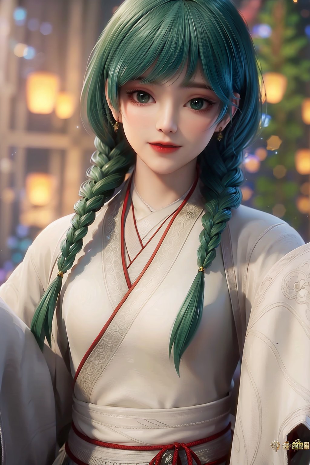 1girl, solo, long hair, looking at viewer, smile, long sleeves, jewelry, green eyes, standing, braid, earrings, japanese clothes, green hair, wide sleeves, blurry, twin braids, blurry background, watermark, red lips