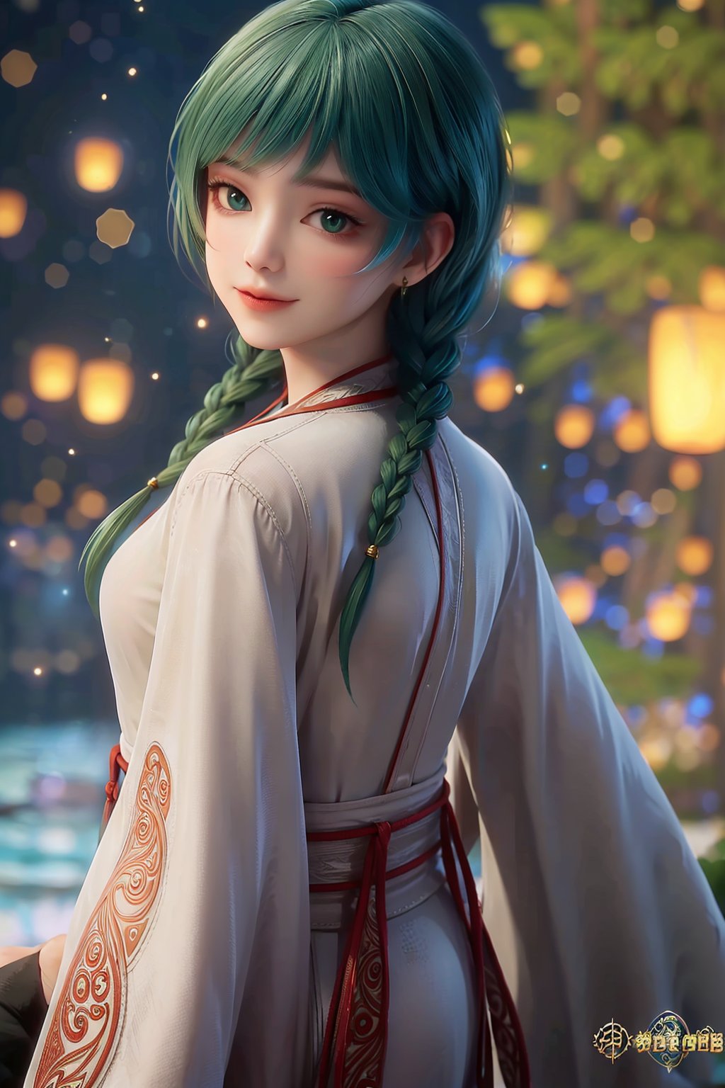 A young woman with vibrant green hair and matching green eyes stands solo, her long locks flowing down her back in a silky braid. She wears traditional Japanese attire adorned with intricate jewelry, the long sleeves framing her slender arms. Her gaze meets the viewer's directly, a warm smile spreading across her red-lipped face as she showcases her twin braids. The blurred background adds a sense of mystery, while the watermark subtly overlays the image.