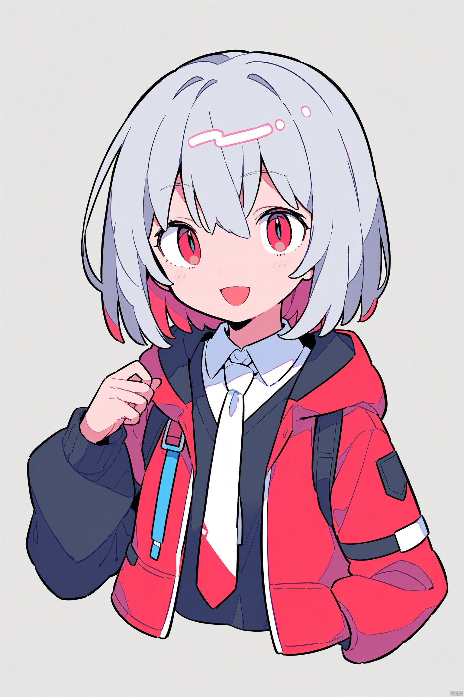 1girl, solo, red eyes, necktie, looking at viewer, shirt, jacket, white necktie, red jacket, upper body, grey hair, hood, open clothes, long sleeves, black shirt, hair between eyes, bangs, open jacket, collared shirt, open mouth, smile, parted lips, hooded jacket, grey background, hood down, sleeves past wrists, short hair, wing collar, cropped torso