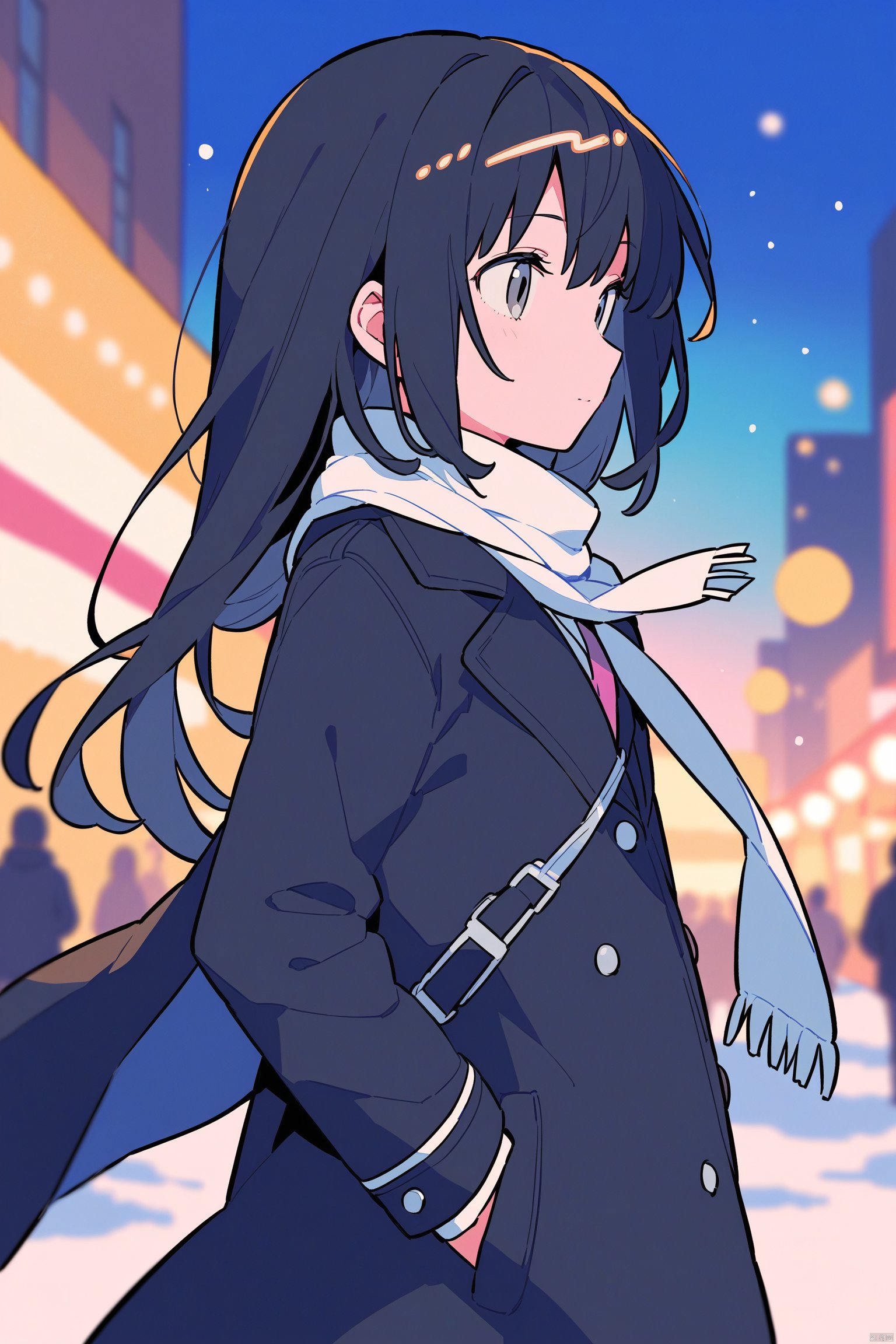 (masterpiece),(best quality),(masterpiece),(best quality),1girl, black_coat, black_hair, blurry, blurry_background, blurry_foreground, bokeh, city_lights, coat, depth_of_field, from_side, jacket, lens_flare, long_hair, long_sleeves, looking_away, motion_blur, outdoors, scarf, snow, snowing, solo, upper_body