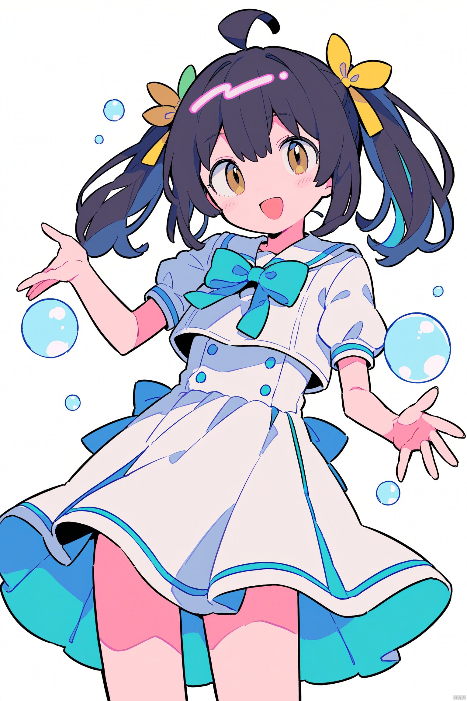 1girl, :d, ahoge, air_bubble, black_hair, blush, bow, brown_eyes, bubble, dress, green_bow, green_bowtie, long_hair, looking_at_viewer, open_mouth, puffy_short_sleeves, puffy_sleeves, sailor_collar, short_sleeves, simple_background, smile, solo, twintails, water, water_drop, white_background, white_dress