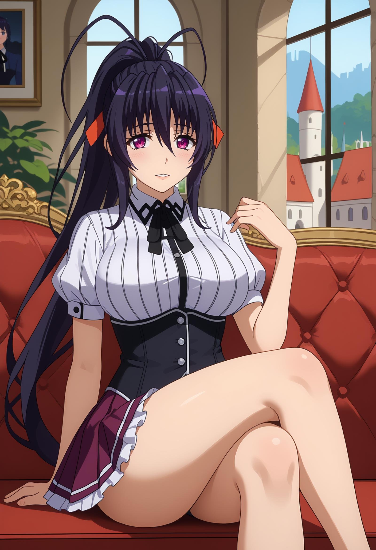 score_9,<lora:HighschoolDxD_HimejimaAkenoXL:0.9>,1girl, solo, parted lips, light smile, light blush,high ponytail, long hair, black hair, purple eyes, antenna hair, hair ribbon, red ribbon,HimejimaAkeno, striped shirt, white shirt, neck ribbon, black ribbon, short sleeves, black corset, buttons, pleated skirt, frilled skirt, purple skirt,sitting, crossed legs, looking at viewer,blurry background, indoors, castle, couch, window