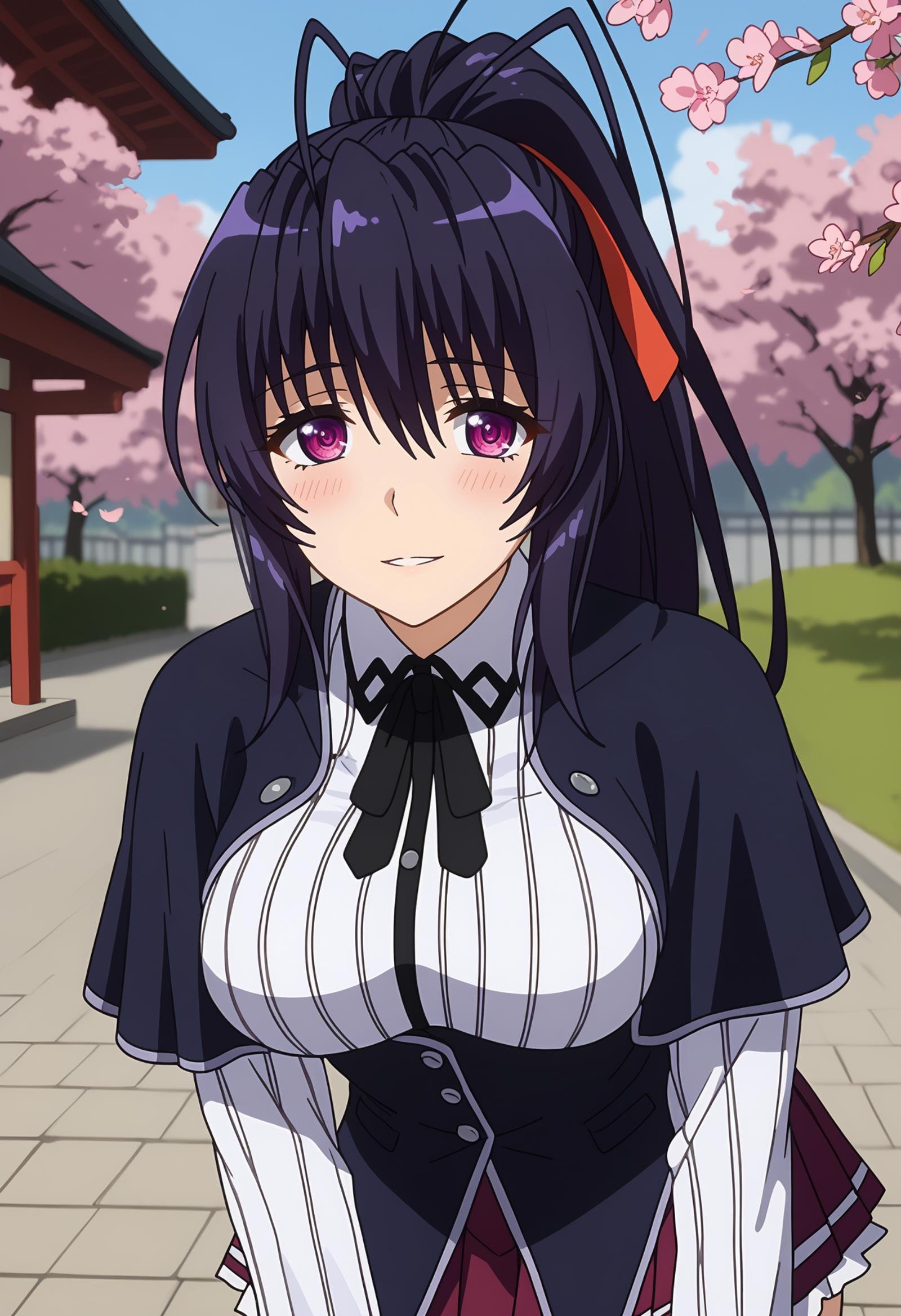 score_9,<lora:HighschoolDxD_HimejimaAkenoXL:0.9>,1girl, solo, parted lips, light smile, light blush,high ponytail, long hair, black hair, purple eyes, antenna hair, hair ribbon, red ribbon,HimejimaAkeno, black capelet, striped shirt, white shirt, neck ribbon, black ribbon, long sleeves, black corset, buttons, pleated skirt, frilled skirt, purple skirt,standing, leaning forward, looking at viewer, cowboy shot, thigh gap,blurry background, outdoors, school, cherry blossoms