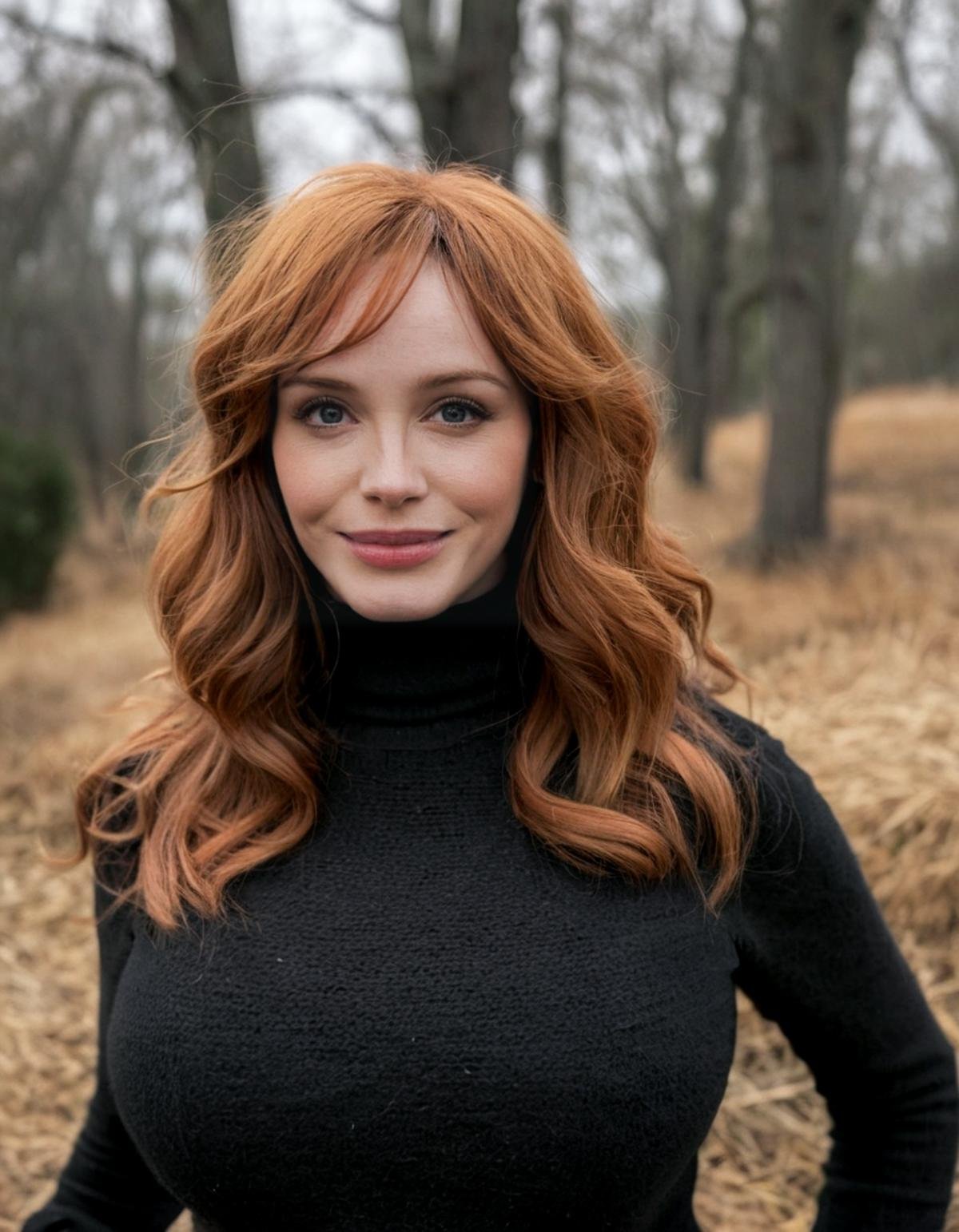 <lora:Christina_Hendricks_XL-000010:0.9> subtle grain, cinematic quality, professional portrait of christina hendricks, black turtleneck sweater,  long wavy brown hair, fine art photography, film still, movie scene, outdoors, smile,