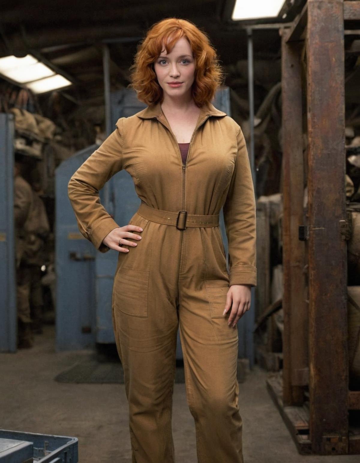 <lora:Christina_Hendricks_XL-000010:0.9>  A young Christina Hendricks is portrayed as a new crew member aboard the Serenity in Firefly. She wears a practical, yet stylish, brown coat over a form-fitting jumpsuit, similar to the crew's iconic attire. The setting is the cargo bay of the ship, with crates and mechanical equipment in the background. She looks directly at the viewer with a confident, knowing smile, ready for the next adventure