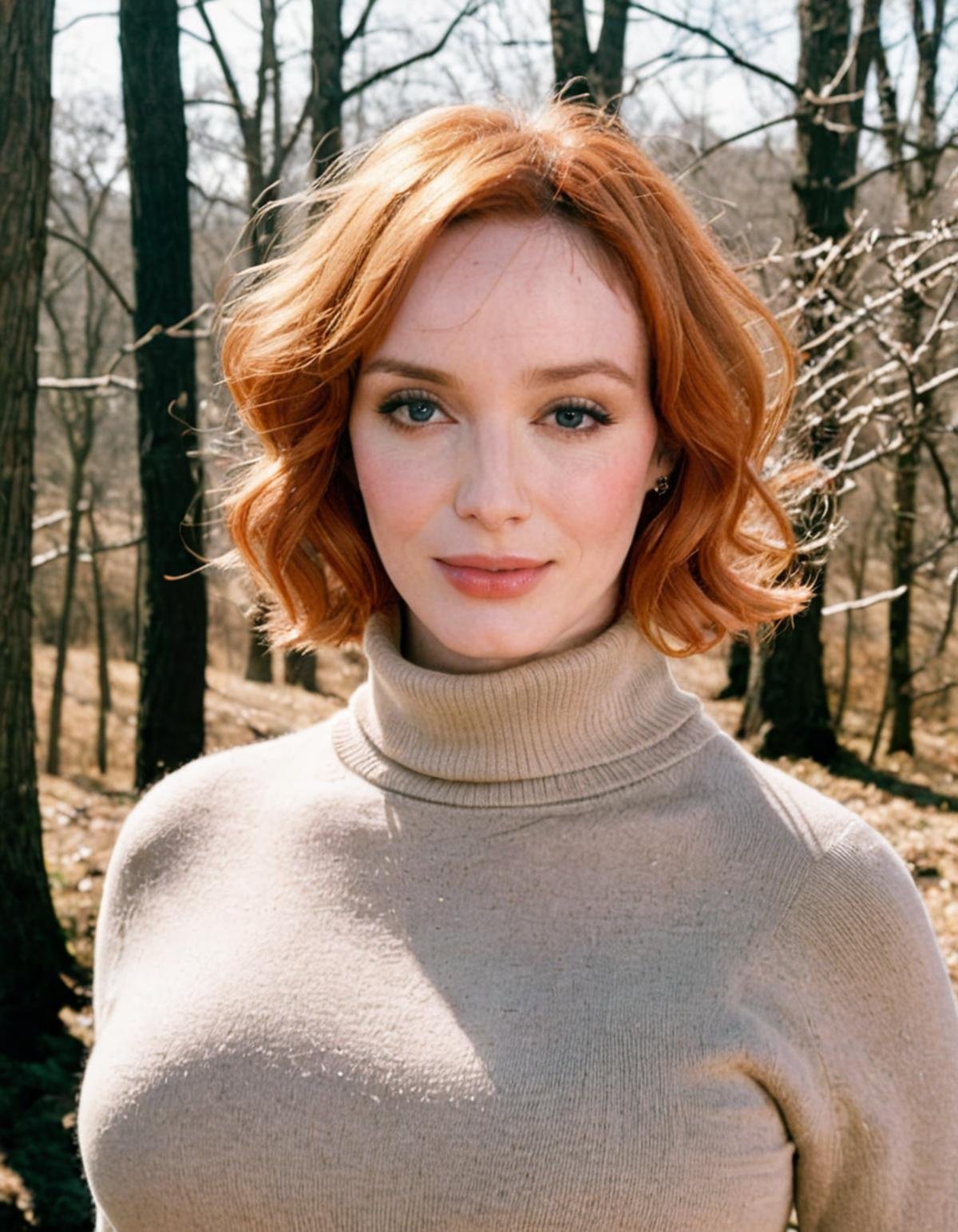 <lora:Christina_Hendricks_XL-000010:0.8> upper body portrait of a young christina hendricks, turtleneck sweater, outdoors, polaroid, 