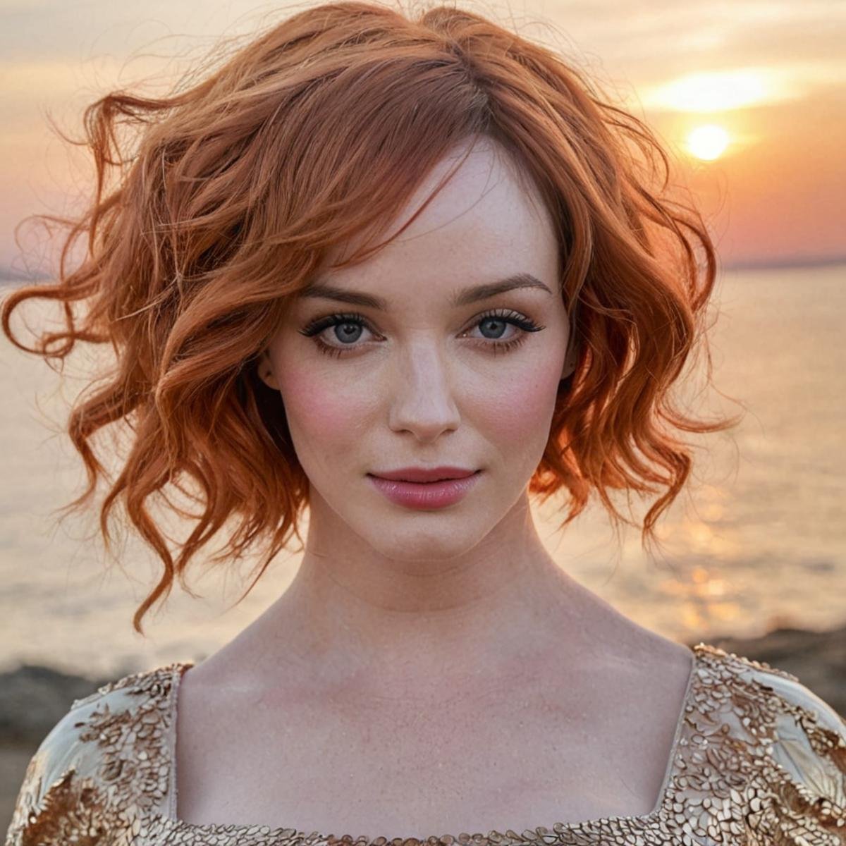 <lora:Christina_Hendricks_XL-000010:0.9> Christina Hendricks is portrayed in a close-up shot during golden hour, with the warm, golden light softly illuminating her face. Her hair is bathed in the rich, amber tones of the setting sun, and her makeup is subtle, enhancing her natural features. The background is a soft blur of the horizon, with hints of orange and pink in the sky. Christina looks directly at the viewer with a serene, peaceful expression, capturing the magical essence of the golden hour