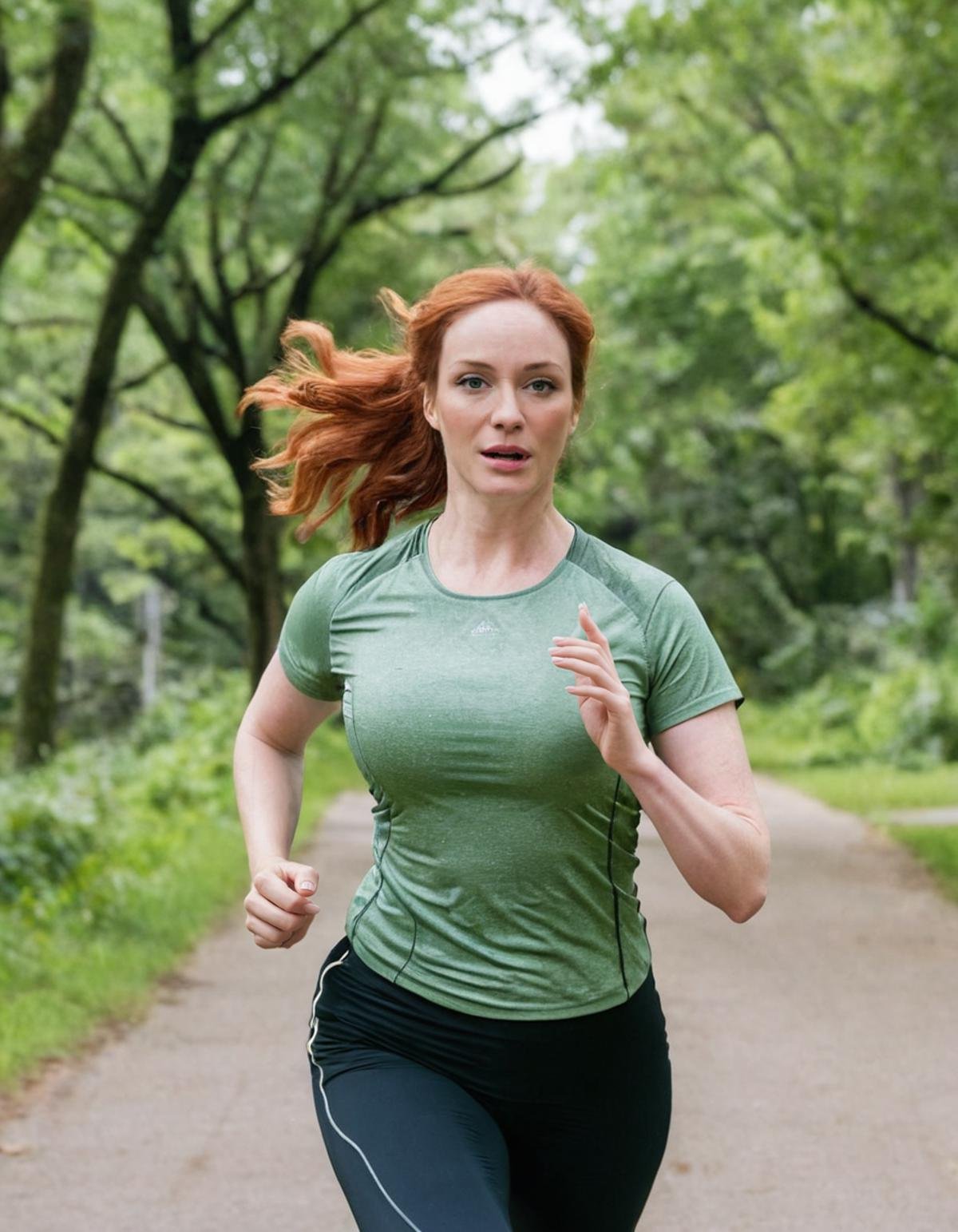 <lora:Christina_Hendricks_XL-000010:0.9>  A professional upper body portrait of christina hendricks running in a park. She is wearing a fitted running shirt, earphones in her ears, and her hair pulled back in a ponytail. The background includes lush green trees and a well-trodden path. The lighting is bright and energetic, highlighting her athletic and determined demeanor