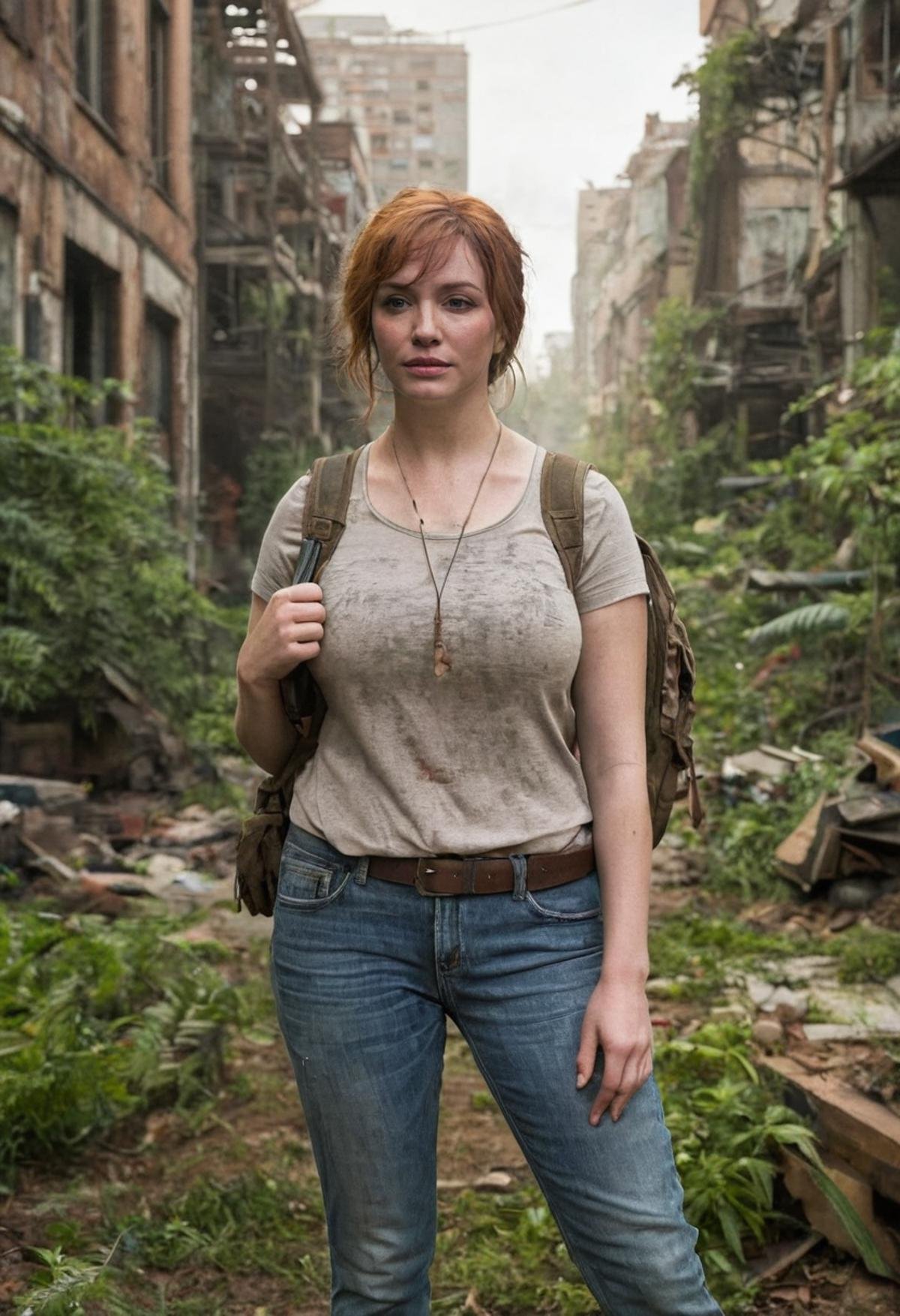 <lora:Christina_Hendricks_XL-000010:0.9>> A professional full-body portrait of (christina hendricks) as Ellie from The Last of Us. She is dressed in a rugged outfit: a faded T-shirt, jeans, and a backpack, holding a bow. She stands in an overgrown, post-apocalyptic cityscape, with dilapidated buildings and foliage in the background. The lighting is moody, highlighting her resilience and survival instincts