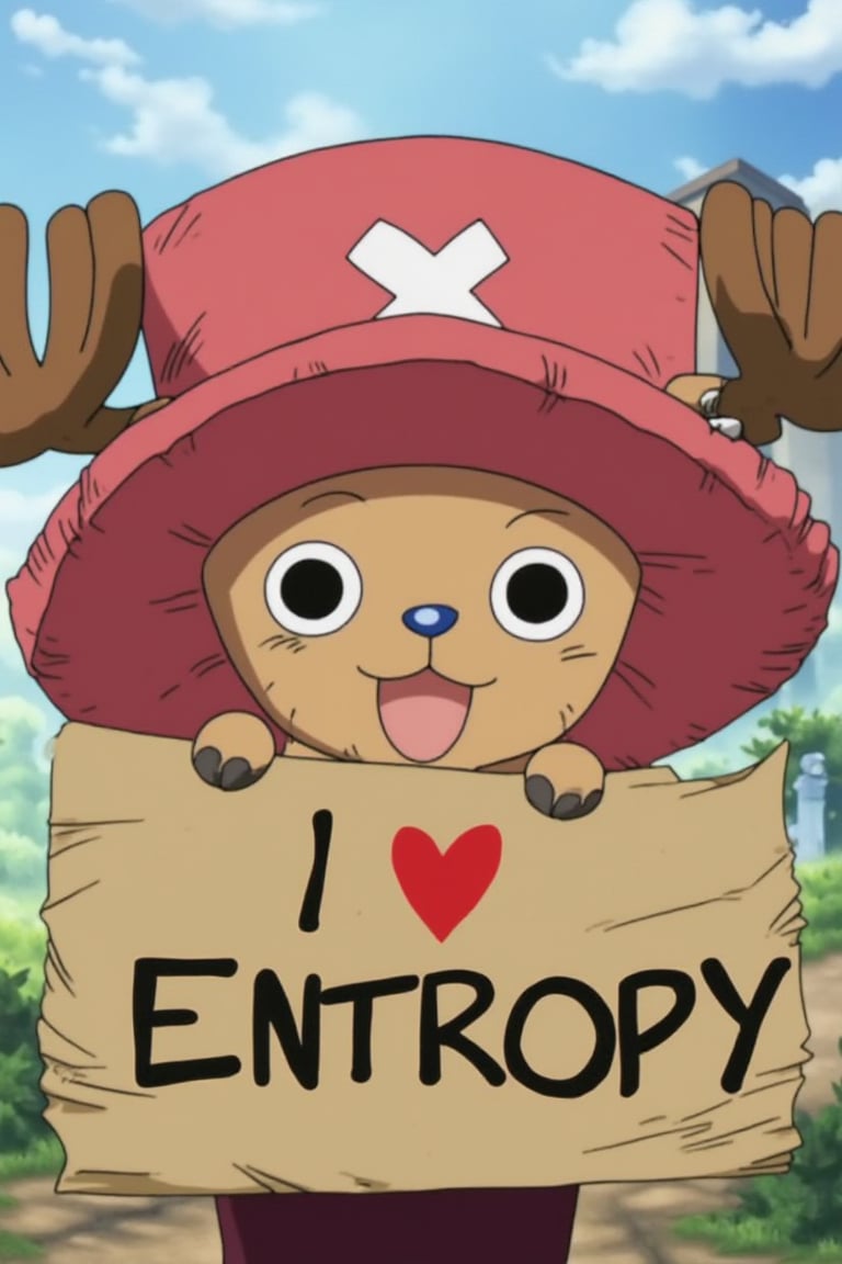 chopper smilling with a sign that says: "I love ENTROPY", 