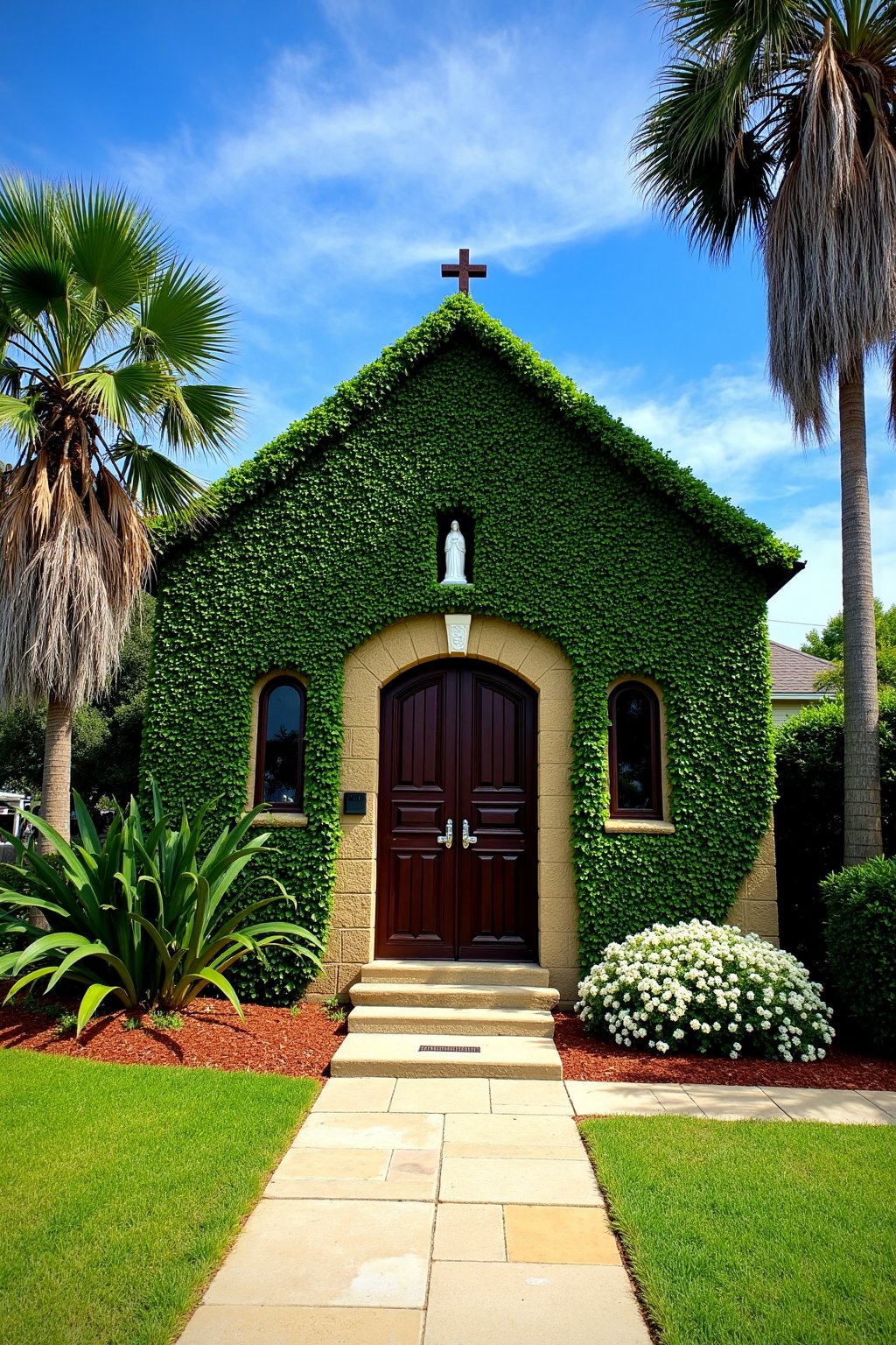 This is a picturesque,  sunlit photograph of a charming,  ivy-covered chapel or small church nestled in a lush by el_flupp...