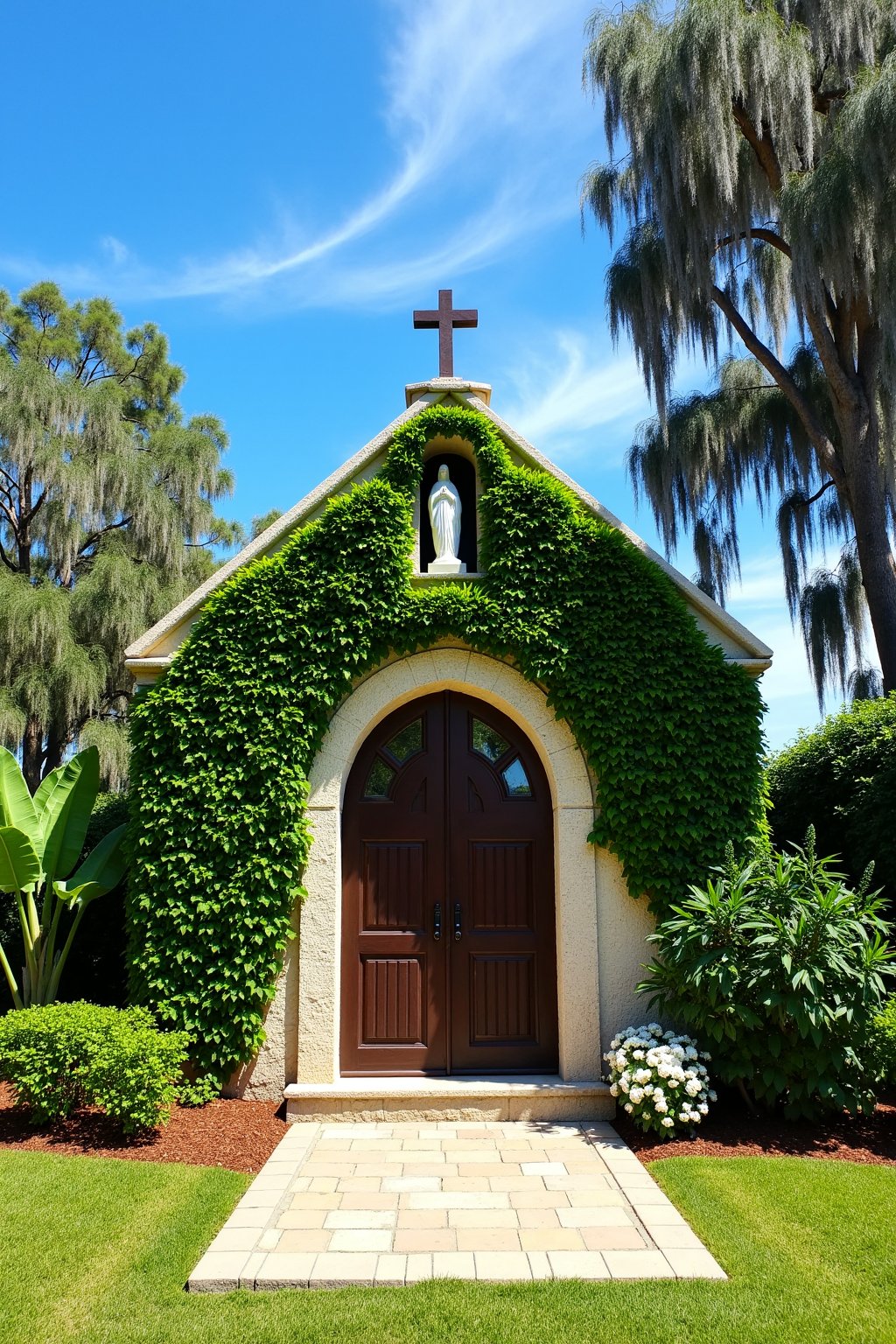 This is a picturesque,  sunlit photograph of a charming,  ivy-covered chapel or small church nestled in a lush by el_flupp...
