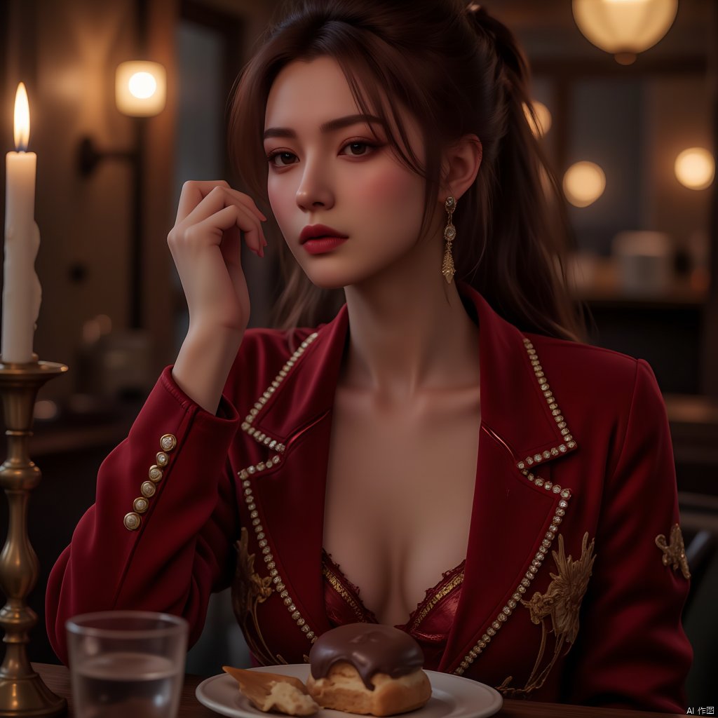 In a dimly lit, vintage Parisian bistro nestled in the heart of Montmartre, a captivating woman named R0Y4LC is framed in a dramatic close-up portrait. Her long, wavy chestnut hair cascades down her back, catching the soft, warm glow of the candles on the table. Dressed in an exquisite red velvet jacket, adorned with intricate golden embroidery and embellished with sparkling rhinestones, she leans slightly forward, her eyes narrowing as if sensing a subtle change in the atmosphere. Her full lips, painted a deep crimson hue, are closed in thoughtful contemplation, yet hint at a smoldering allure. In her left hand, she cradles a delicate, half-eaten chocolate éclair, the creamy filling oozing seductively from the corner of her mouth, while her right hand rests gently on the tabletop, fingers curled as if holding an invisible string that ties her to the enchanting, nostalgic atmosphere of this intimate, candlelit setting.