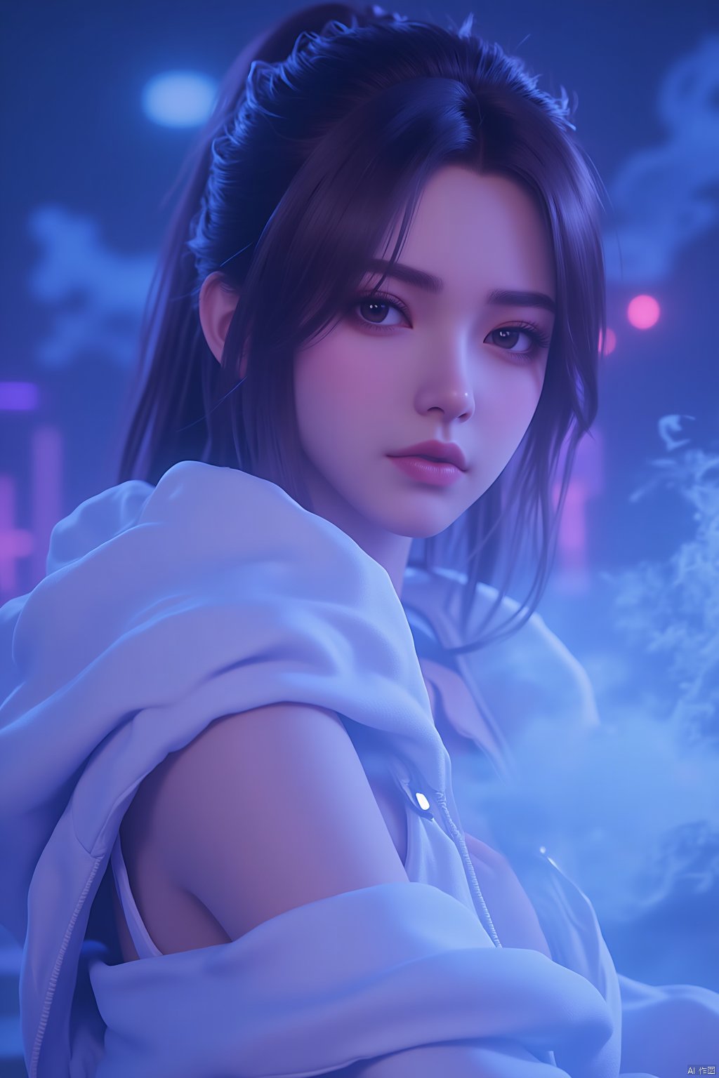  digital art, ethereal, futuristic, female character with long dark hair, white flowing robes, intense gaze, side profile, soft blue and purple lighting, intense expression, blurred background, dynamic pose, low-angle shot, vibrant colors, dynamic composition, dynamic and captivating mood.