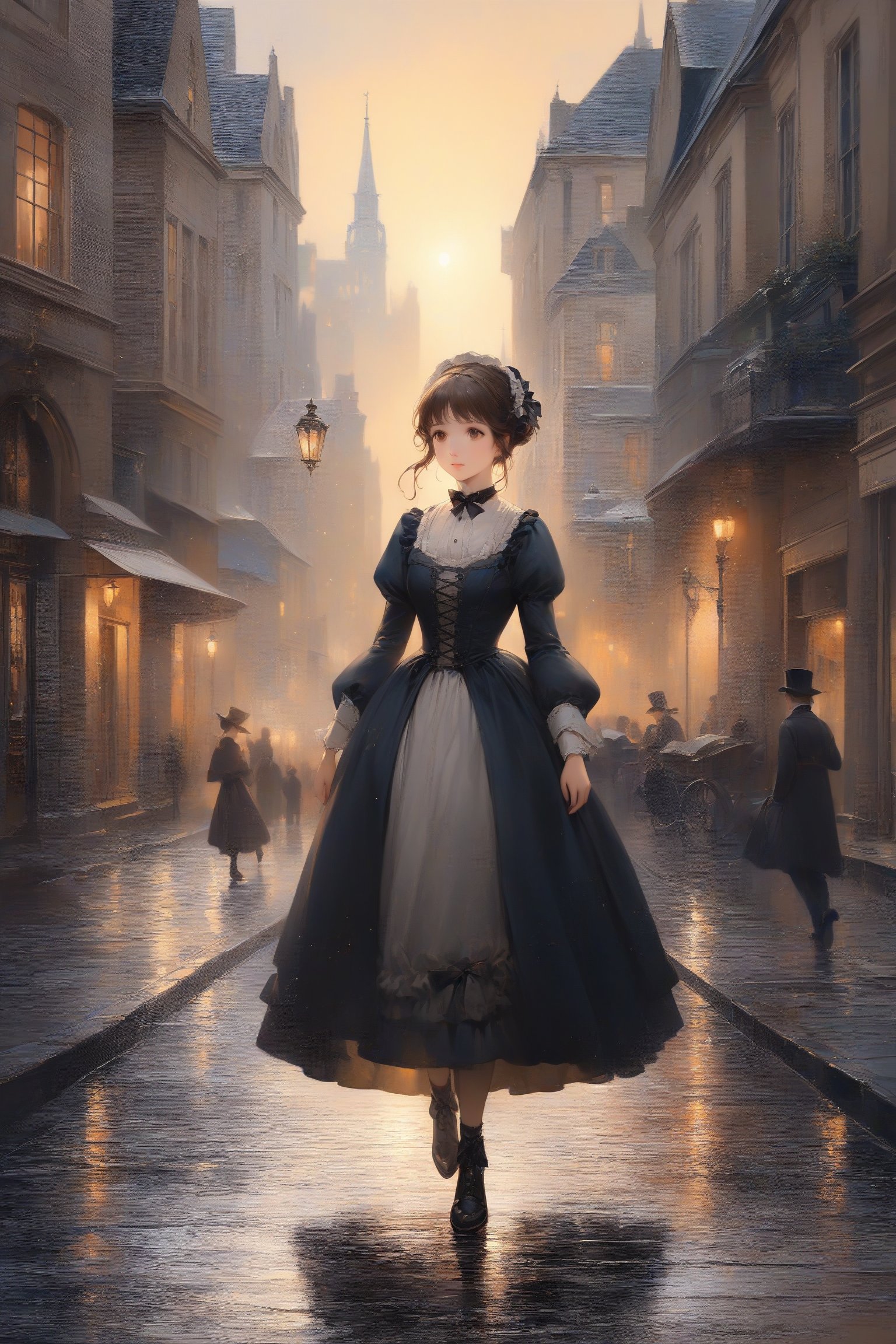 1girl, fine art parody, oil painting style, masterpiece quality, walking in victorian city, stunning image, light particles.