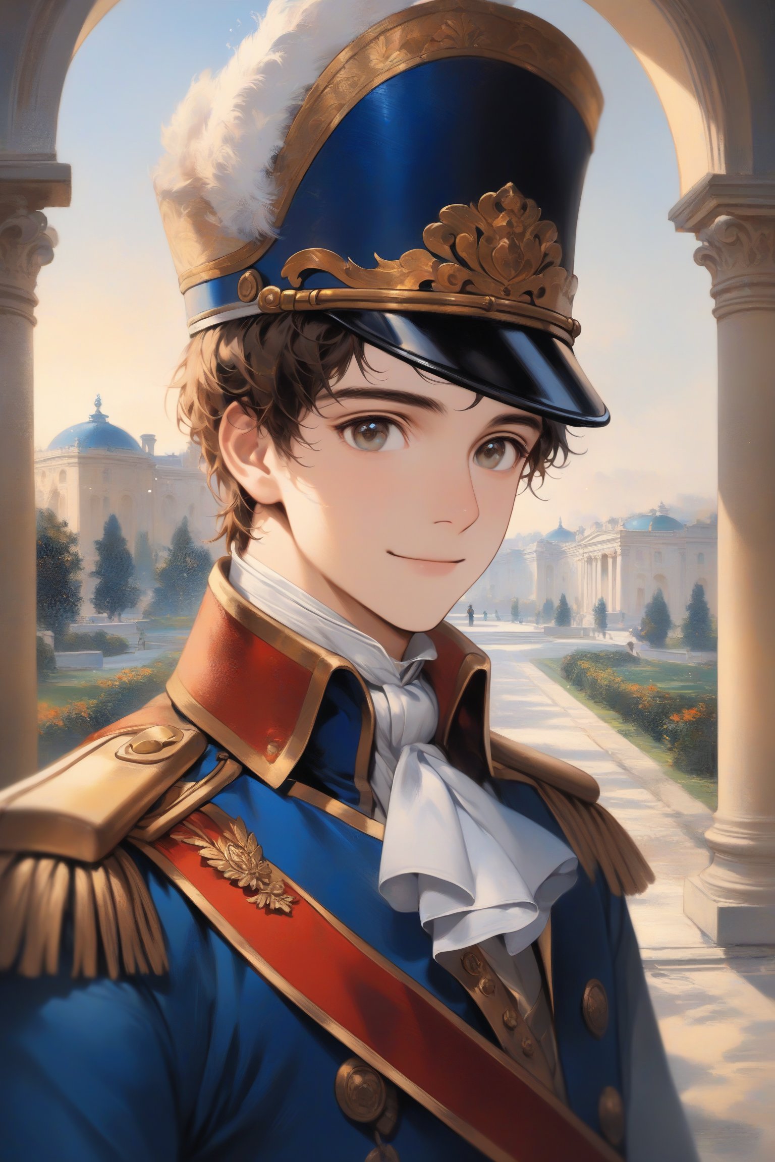 1boy, French Napoleonic soldier costume, fine art parody, oil painting style, masterpiece quality, looking at viewer, smiling, upper body, palace's garden in background, close up, stunning image, light particles.