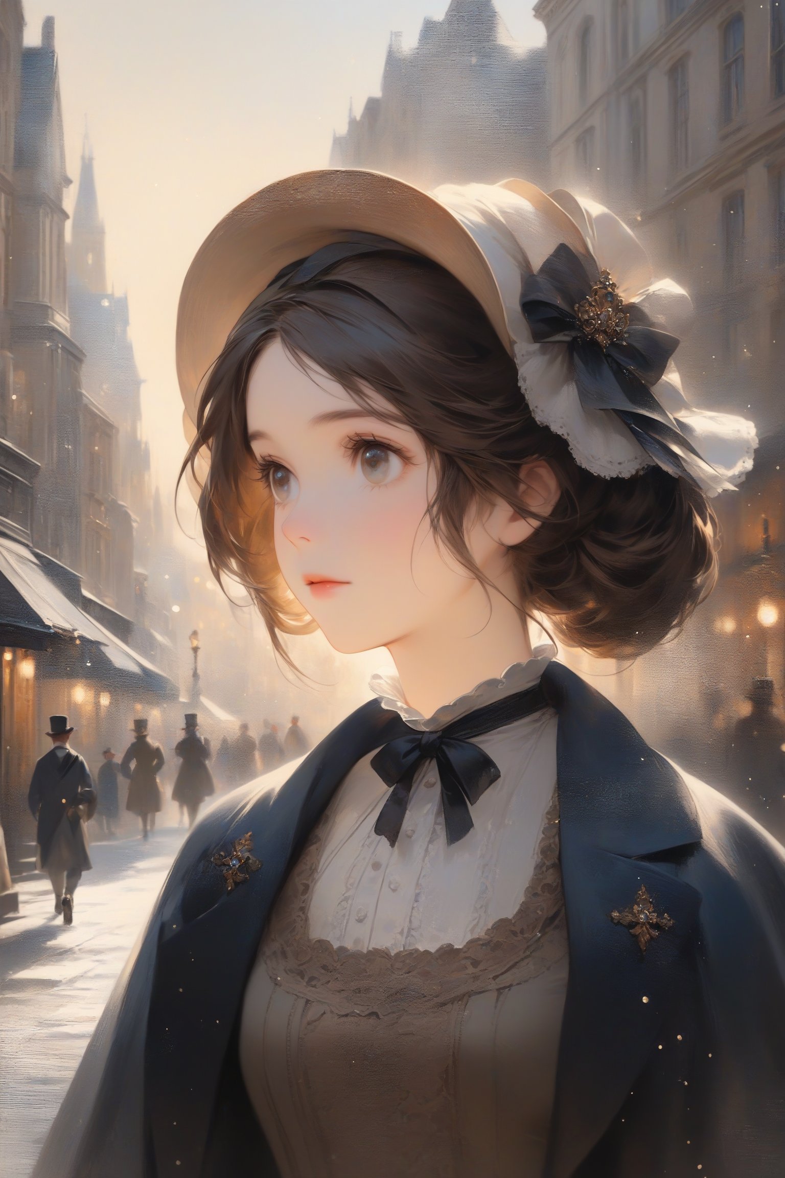 1girl, fine art parody, oil painting style, masterpiece quality, walking in victorian city, close up, stunning image, light particles.