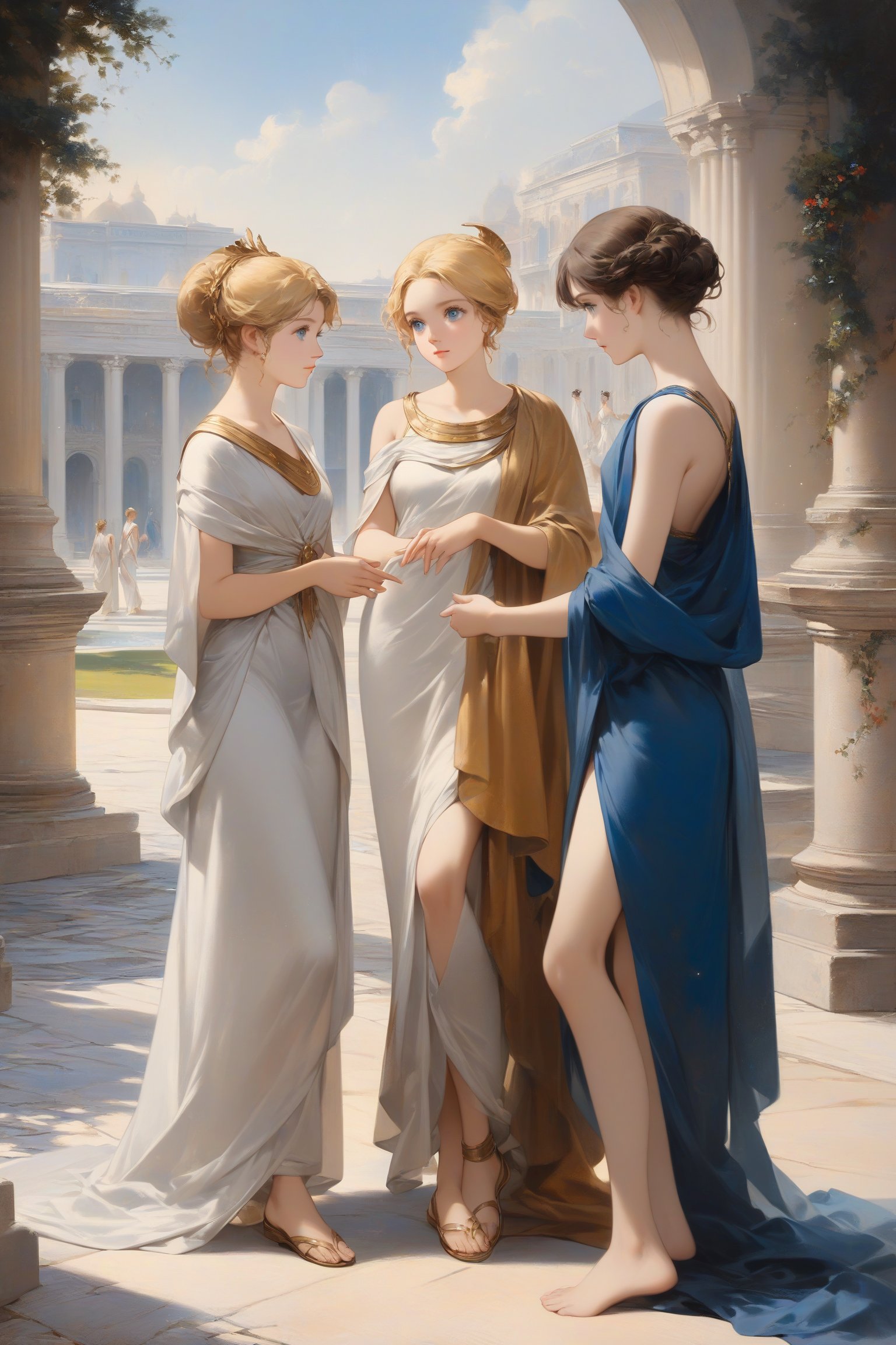 Multiple girls, Ancient Greek clothing, Discussing among all, fine art parody, blonde hair, blue eyes, oil painting style, masterpiece quality, full body, palace's garden in background, close up, stunning image, light particles.