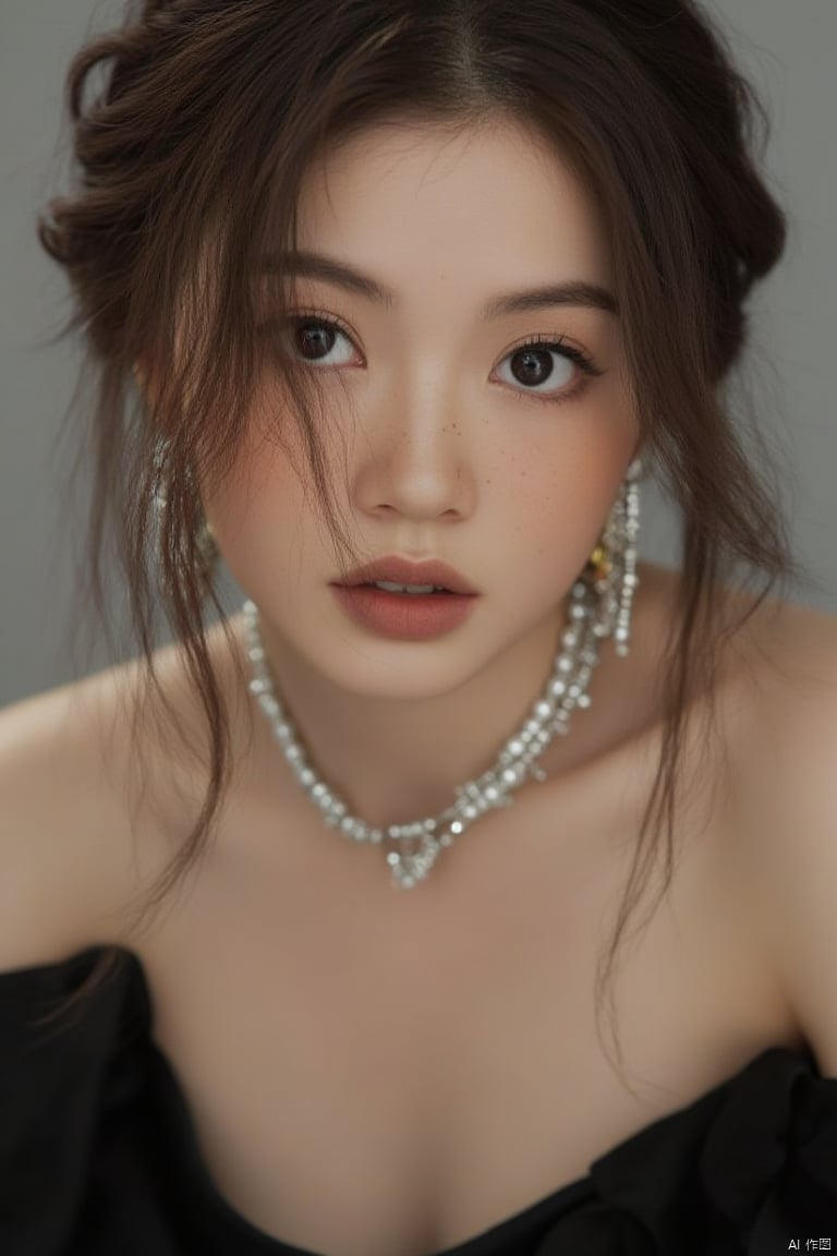 1girl, solo, looking at viewer, brown hair, black hair, dress, bare shoulders, jewelry, upper body, earrings, parted lips, grey background, necklace, black eyes, lips, freckles, realistic, pearl necklace