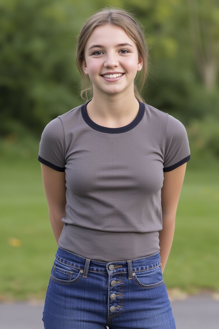 br1tn3y girl, 15 years old,  smile, standing with her arms behind her back. Wearing a tight t-shirt and jeans. Shallow depth of field, bokeh. Professional photo.