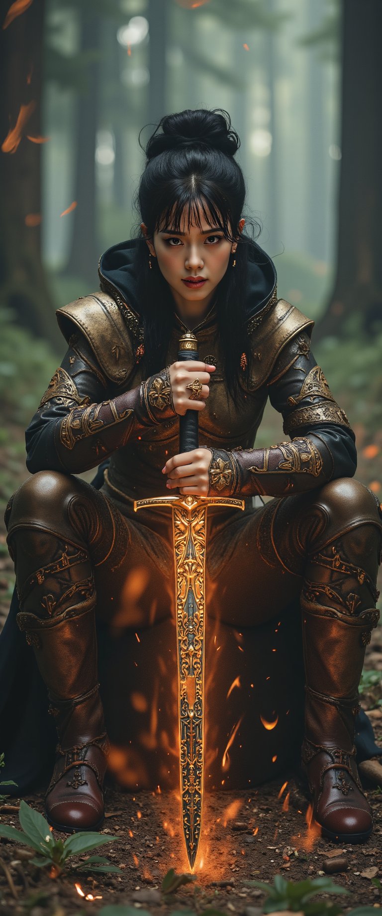 A fierce female warrior crouched low, gripping a long, ornate sword with both hands, illuminated by a fiery orange aura that highlights intricate golden designs on the blade and hilt; rugged expression, dark tousled hair flowing freely, clad in elaborate metallic armor with a dark cloak draping over his back; misty twilight forest background with dark looming trees, smoky ethereal air, glowing embers and sparks around; earthy browns, oranges, and golds dominate the scene, contrasting with cooler dark greens and grays of the forest, creating a mystical, intense atmosphere,jisosmile,ct-visual,ct-sensual-v2