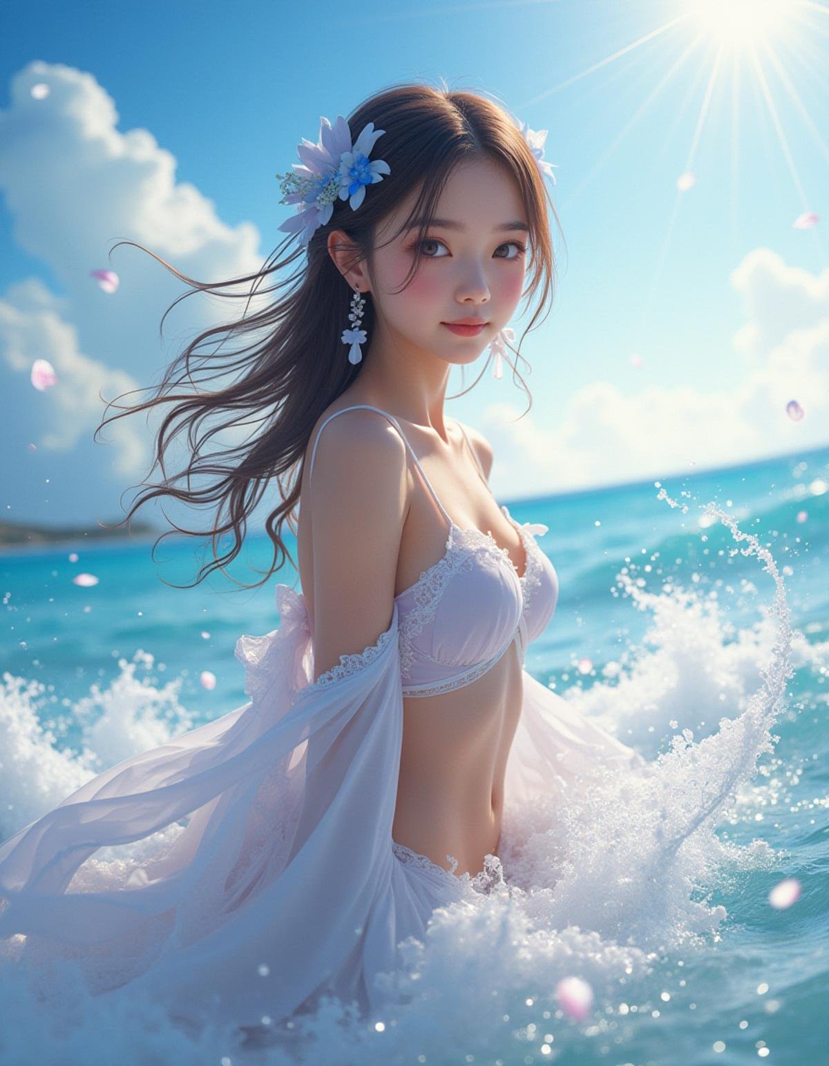 masterpieces, best quality, 1girl, upper body, sea beach, glow effect, detailed background, beautiful detailed water, beautiful detailed sky, beautiful detailed sea, detailed light, extremely delicate and beautiful girl, blue bubble, splash, wet body, fluttered detailed splashes, draped of fluttered fabric, fluttered detailed cloud, intricate detail, young girl, floating hair, flowers, sunlight, charming smile, surrounded by floating petal, glossy, raytracing, depth of field, detailed waves, reflective, crystalized, lens flare, looking at viewer, medium breasts, blushing, slim, medium buttock, detailed realistic shadow, sheen, shiny eyes, (fisheye lens) <lora:hinaFluxAsianMixLora_v1:0.9>