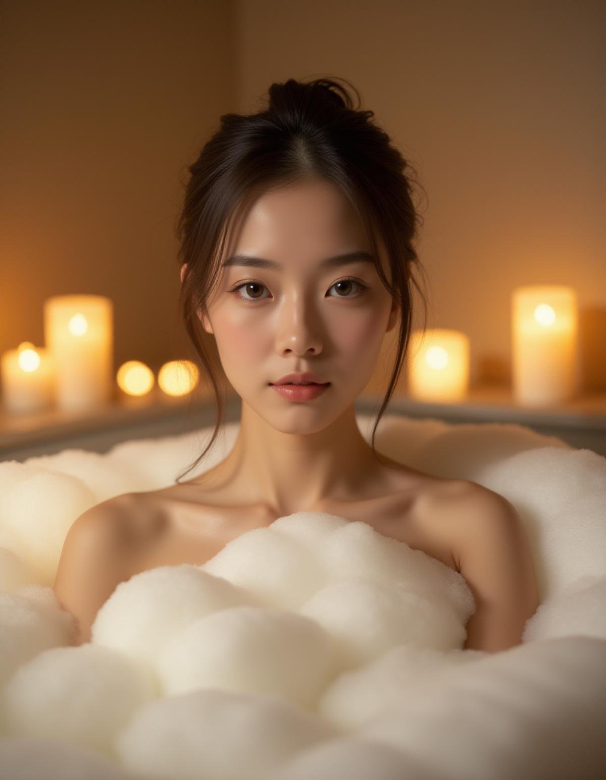 A serene scene of a young woman bathing, her entire body elegantly covered in soft, fluffy bubbles. The bubbles create a delicate, almost ethereal layer, obscuring her form while adding a sense of comfort and privacy. The setting is tranquil, with warm, ambient lighting that creates a relaxing atmosphere, the light reflecting softly off the bubbles, adding a gentle glow to the scene. The background is simple and uncluttered, focusing attention on the calming experience of the bath. The overall mood is peaceful and soothing, evoking a sense of relaxation and self-care in this intimate moment.<lora:hinaFluxAsianMixLora_v1:0.9>