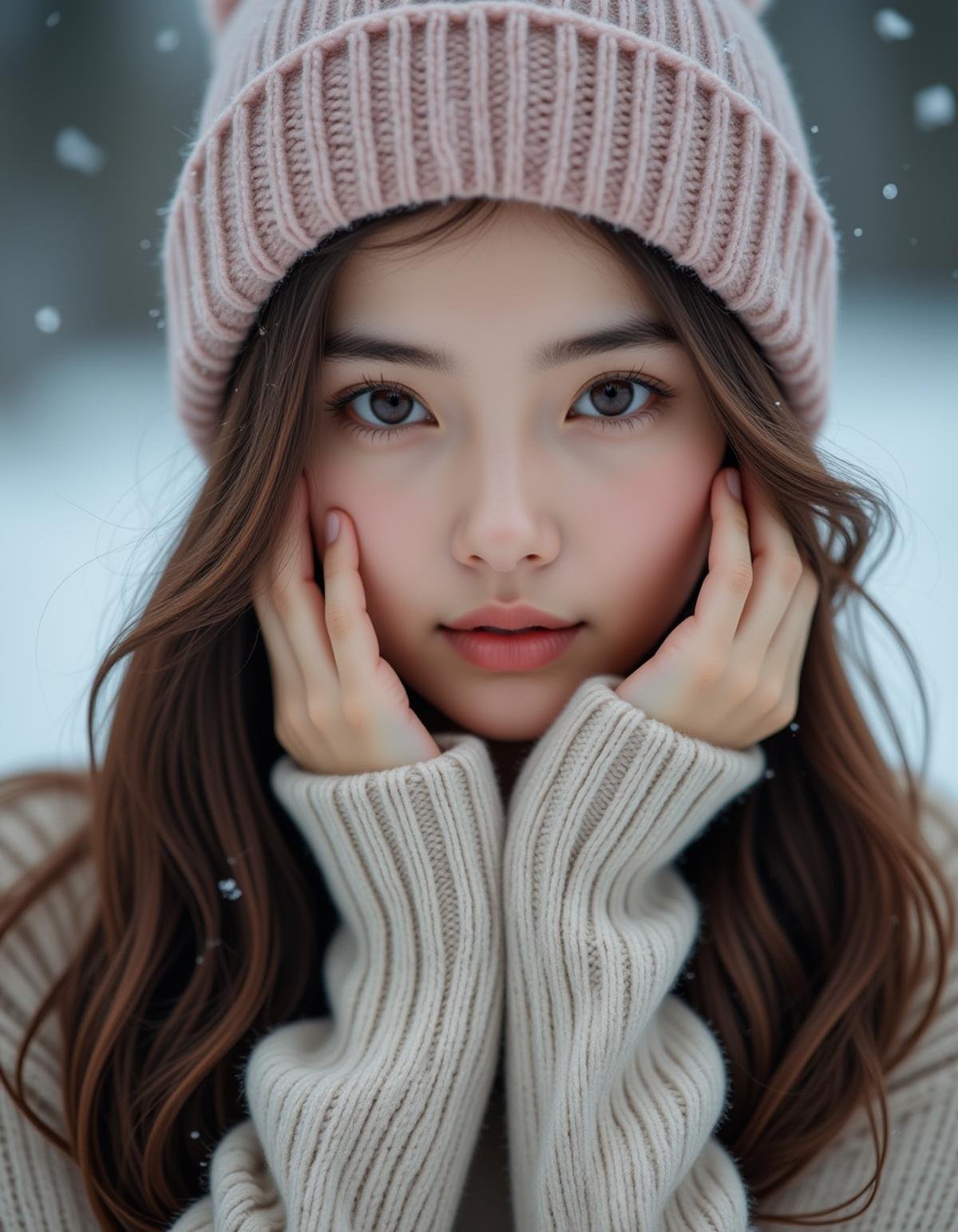 best quality, masterpiece,analogue photo of adult girl in sweater and sweater hat, looking at viewer, long hair, head shot, hold cheeks with hands, close-up, extremely beautiful detailed face, medium breasts, (cute face, temptations look), eye level,professional photo, high contrast exposure, soft bokeh, high key light, hard shadow, soft bokeh, snowing, snowing background,<lora:hinaFluxAsianMixLora_v1:0.9>