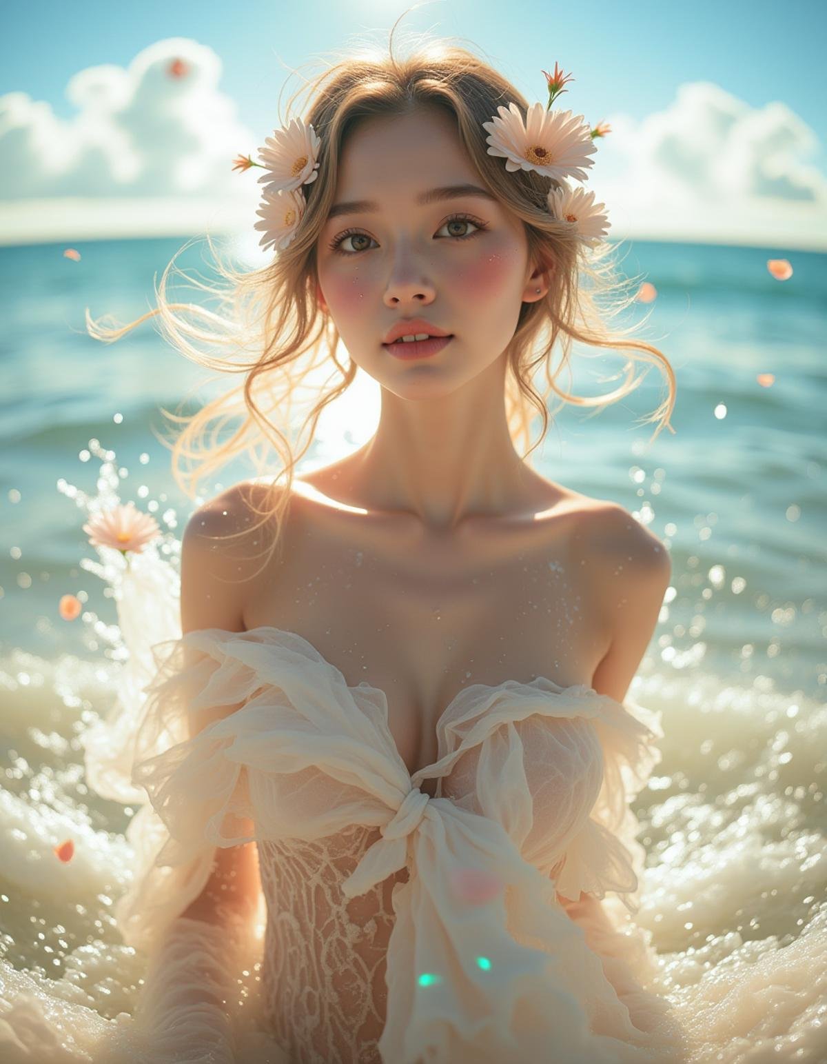 A masterpiece of the highest quality, featuring an upper body shot of an extremely delicate and beautiful young woman at the sea beach, the medium breasts and slim figure of the woman are subtly highlighted, contributing to the overall composition of beauty and elegance.The scene is filled with intricate and detailed elements: the beautiful water glistens with a crystalized effect, reflecting the golden sunlight as detailed waves ripple gently.The sky above is stunningly detailed, with fluttered clouds that seem to float effortlessly.She is surrounded by a glow effect, her wet body glistening as splashes of water flutter around her.She is draped in a fluttered fabric that dances in the wind, adding a sense of motion and grace.Her floating hair is adorned with delicate flowers, and she wears a charming smile as she looks directly at the viewer with shiny, blushing cheeks and glossy eyes.Blue bubbles and floating petals add to the dreamlike quality of the scene, all captured through the unique perspective of a fisheye lens. The sunlight creates lens flares and a warm, reflective sheen on her skin, while the detailed, realistic shadows and depth of field enhance the sense of realism. <lora:hinaFluxAsianMixLora_v1:0.9>