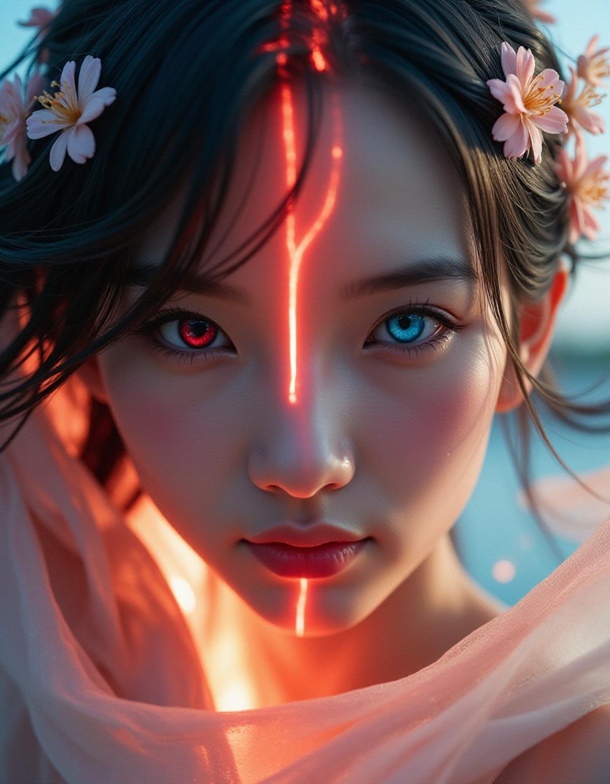 close-up of a figure with dual personalities, one side with dark hair and a red eye, the other with white hair and a blue eye, split down the middle by a glowing, red energy line.She is draped in a fluttered fabric that dances in the wind, adding a sense of motion and grace. Her floating hair is adorned with delicate flowers, and she wears a charming smile as she looks directly at the viewer with shiny, blushing cheeks and glossy eyes. cinematic lighting, young woman, accurate depiction of character, correct body anatomy, correct hands and fingers, extremely realistic lighting.Extreme dynamic pose, lifelike portrayal. <lora:hinaFluxAsianMixLora_v1:0.9>