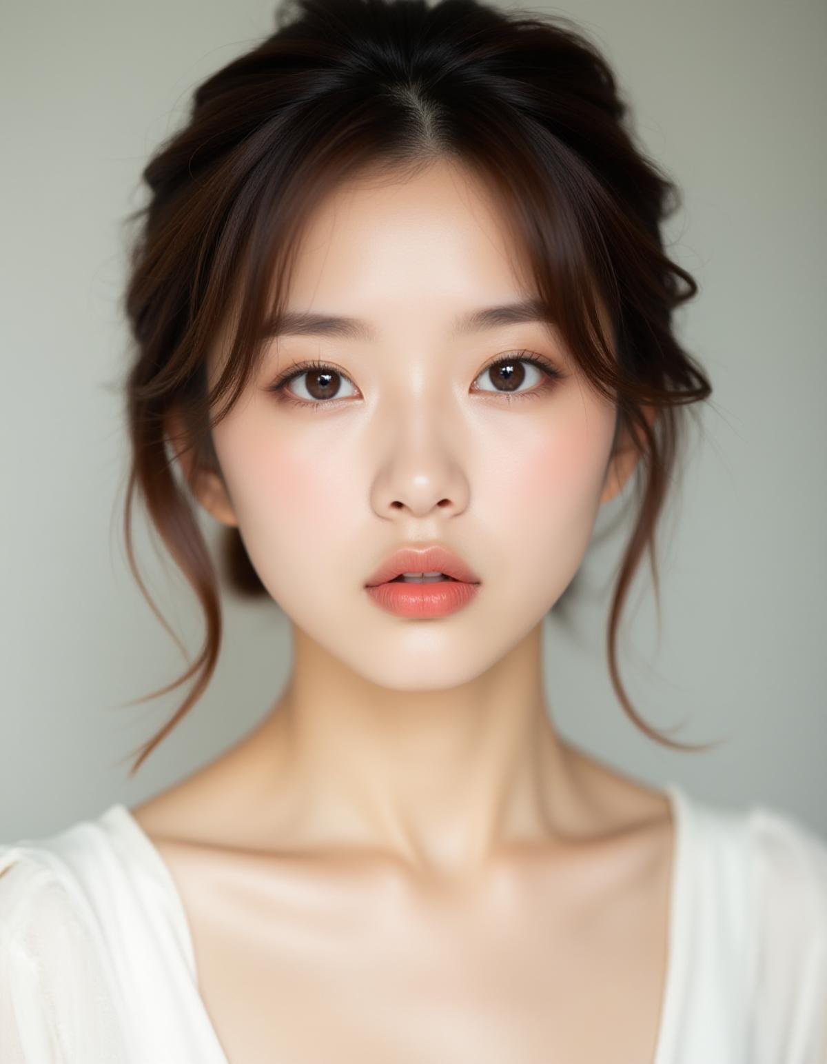 best quality, masterpiece, raw photo of asian female in white dress, close up face, brown hair, fashion accessories, looking at viewer, indoor, day time, professional photo, high contrast exposure, soft bokeh, high key light, hard shadow, soft bokeh, simple background, white background, lips sneeze to viewer, <lora:hinaFluxAsianMixLora_v1:0.9>