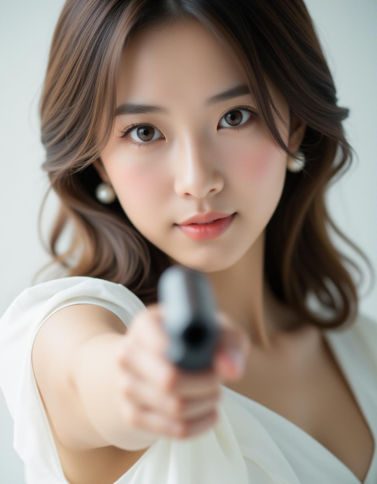 best quality, masterpiece, raw photo of asian female in white dress, close up face, brown hair, fashion accessories, looking at viewer, indoor, day time, professional photo, high contrast exposure, soft bokeh, high key light, hard shadow, soft bokeh, simple background, white background, gun on hand and point out.<lora:hinaFluxAsianMixLora_v1:0.9>