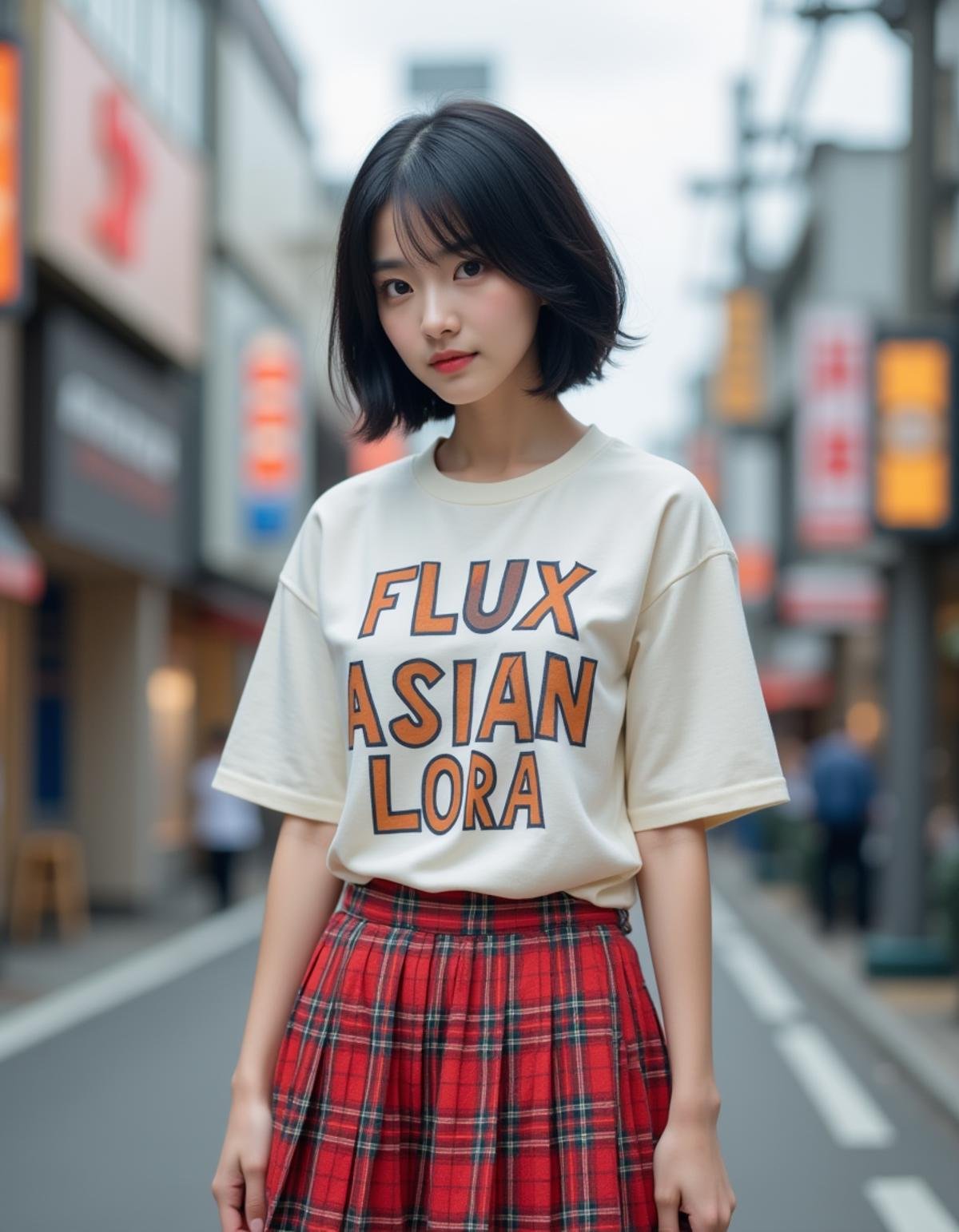 A photograph of an incredibly beautiful 18-year-old girl with short, stylish black long hair, standing confidently on a Japanese street at daylight.The shirt painted 'Flux Asian Lora' in bold, large lettering, making it easily readable and adding emphasis to the message.She is wearing a red plaid pleated mini skirt that adds a touch of youthful energy to her look.<lora:hinaFluxAsianMixLora_v1:0.9>