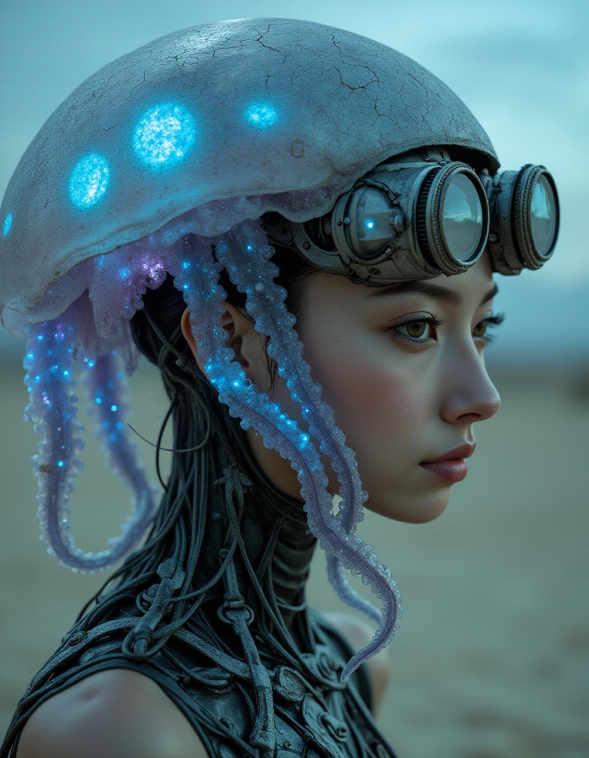 Ethereal cyborg woman, bioluminescent jellyfish headdress. Steampunk goggles blend with translucent tentacles. Cracked porcelain skin meets iridescent scales. Mechanical implants and delicate tendrils intertwine. Human features with otherworldly glow. Dreamy aquatic hues contrast weathered metal. Reflective eyes capture unseen worlds. Soft bioluminescence meets harsh desert backdrop. Fusion of organic and synthetic, ancient and futuristic. Hyper-detailed textures, surreal atmosphere.<lora:hinaFluxAsianMixLora_v1:1>