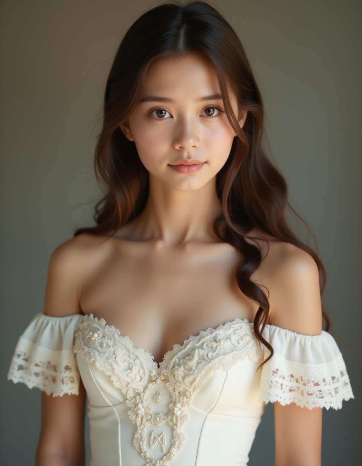 A best quality, masterpiece, raw photo of a girl dressed in an ornate white off-shoulder Rococo gown, embodying the elegance of 19th-century fashion. Her long brown hair flows gracefully over her shoulders, framing her shy face as she looks directly at the camera with a gentle, demure expression. The photo captures her at eye level, highlighting her delicate features and the subtle hint of cleavage visible through the intricate detailing of her gown. The setting is simple, with a clean background that keeps the focus on her. The shot is taken from a middle distance using a long-range lens, creating a professional cinematic feel with soft shadows and a subtle bokeh effect that blurs the background beautifully. Far side key lighting casts a soft, even glow on her, enhancing the balanced contrast and exposure, making every detail of her outfit and expression stand out. The overall composition exudes a timeless elegance, with the photograph perfectly capturing the blend of historical style and modern photography techniques. <lora:hinaFluxAsianMixLora_v1:1>