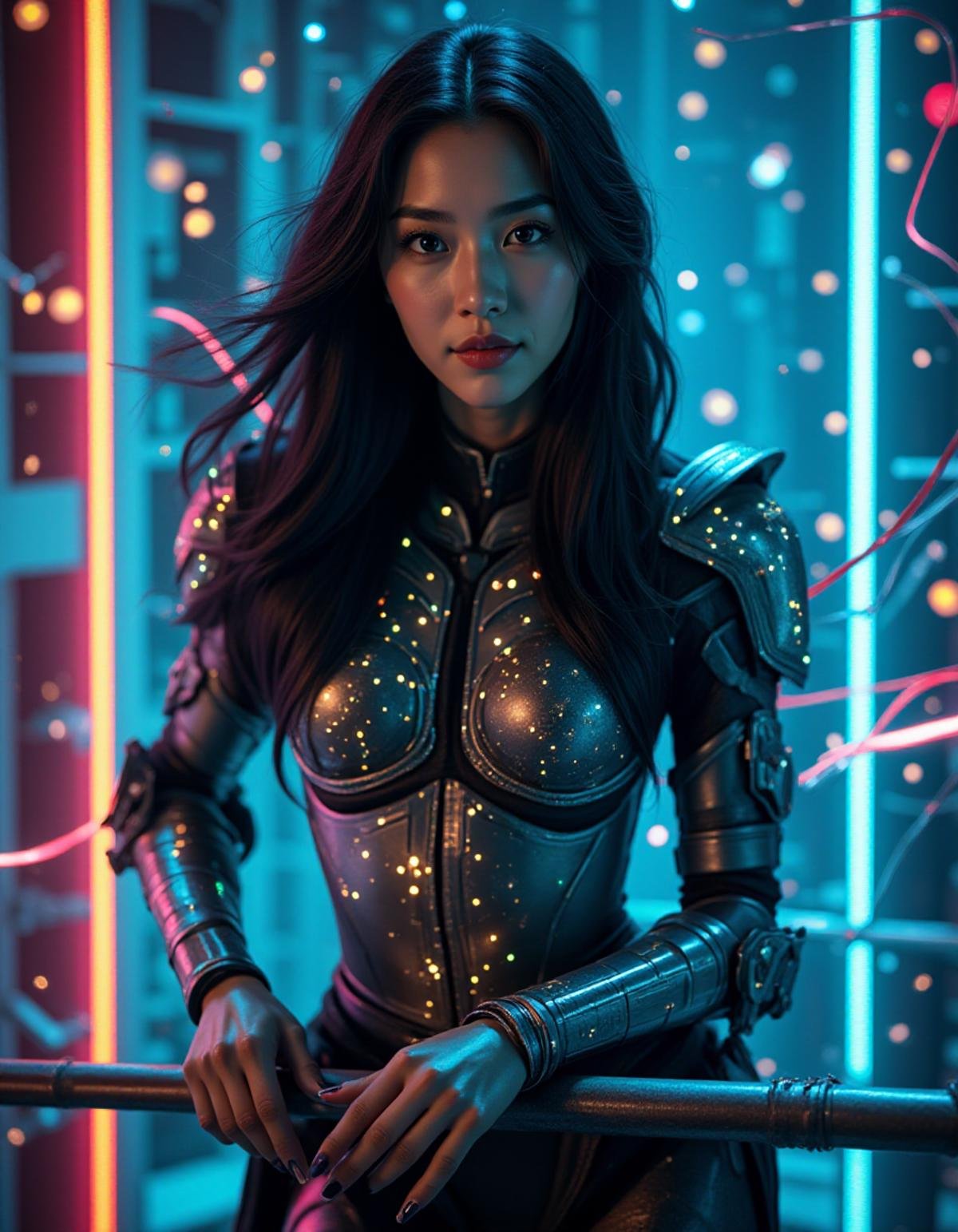 A fierce female warrior with long, flowing black hair, her armor etched with glowing rainbow colored circuits, lining strip of RGB led lighting  and electronic chip, stands in the heart of a digital nexus. leaning on object, head slightly tilt, looking at viewer smilng, long fingernails, fingerless gauntlet, Surrounding her is a vortex of luminous circuitry, casting intricate patterns of light on her armor. The scene is rendered with photorealistic detail, the lighting capturing the interplay between the metallic textures and the pulsating rainbow colored energy energy of the digital backdrop.<lora:hinaFluxAsianMixLora_v1:1>