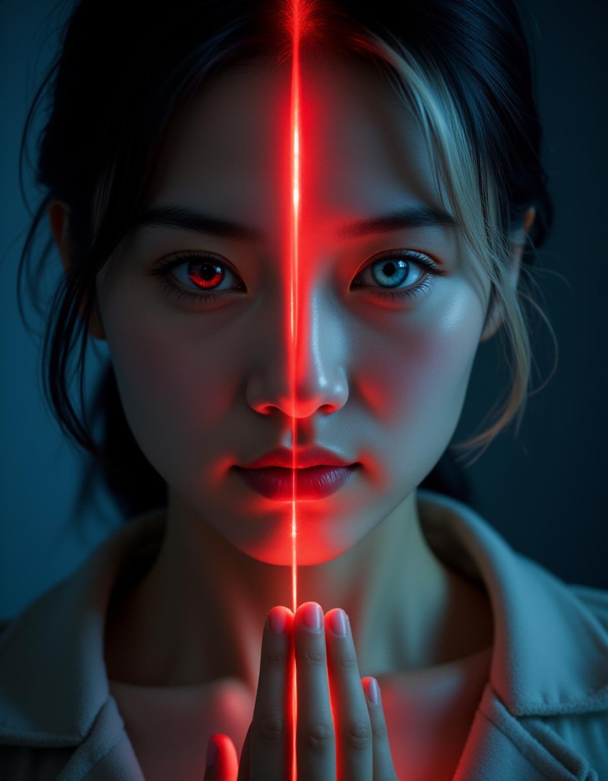 close-up of a figure with dual personalities, one side with dark hair and a red eye, the other with white hair and a blue eye, split down the middle by a glowing, red energy line.cinematic lighting, young woman, accurate depiction of character, correct body anatomy, correct hands and fingers, extremely realistic lighting.Extreme dynamic pose, lifelike portrayal.<lora:hinaFluxAsianMixLora_v1:1>