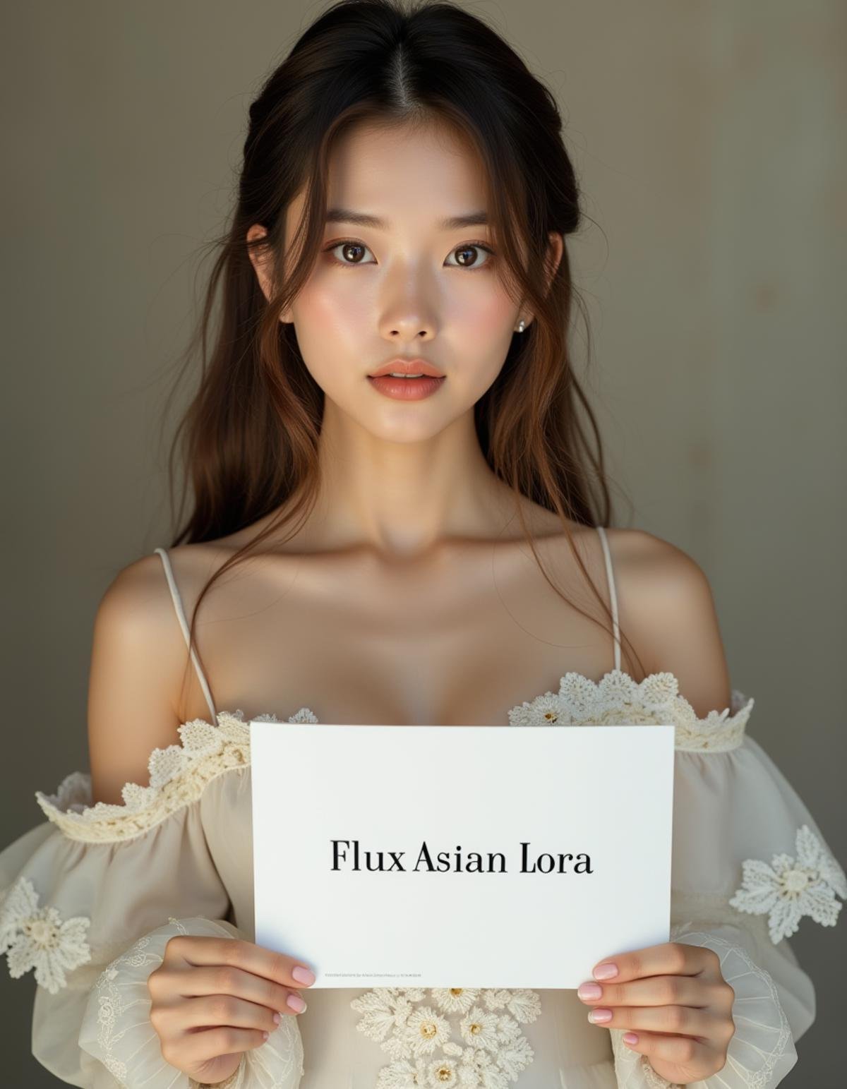 A best quality, masterpiece, raw photo of a girl dressed holding a sign with "Flux Asian Lora" written on it. She in an ornate white off-shoulder Rococo gown, embodying the elegance of 19th-century fashion. Her long brown hair flows gracefully over her shoulders, framing her shy face as she looks directly at the camera with a gentle, demure expression. The photo captures her at eye level, highlighting her delicate features and the subtle hint of cleavage visible through the intricate detailing of her gown. The setting is simple, with a clean background that keeps the focus on her. The shot is taken from a middle distance using a long-range lens, creating a professional cinematic feel with soft shadows and a subtle bokeh effect that blurs the background beautifully. Far side key lighting casts a soft, even glow on her, enhancing the balanced contrast and exposure, making every detail of her outfit and expression stand out. The overall composition exudes a timeless elegance, with the photograph perfectly capturing the blend of historical style and modern photography techniques. <lora:hinaFluxAsianMixLora_v1:0.9>