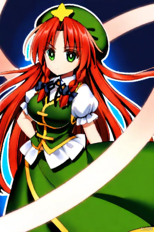 1girl,hong_meiling,twin_braids,highres,green_hat,beret,star_hat_ornament,white_shirt,green_vest,hair_bow,puffy_short_sleeves,green_skirt,large_breasts,