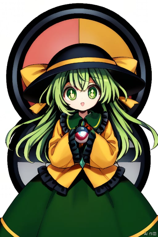 komeiji_koishi, 1girl, third_eye, yellow_shirt, black_hat, green_hair, frilled_sleeves,frilled_shirt_collar, wide_sleeves, hat_bow, green_eyes, green_skirt, heart_of_string, yellow_bow, hat_ribbon, diamond_button, yellow_ribbon, eyeball, highres, frilled_shirt_collar,  diamond_button,chm