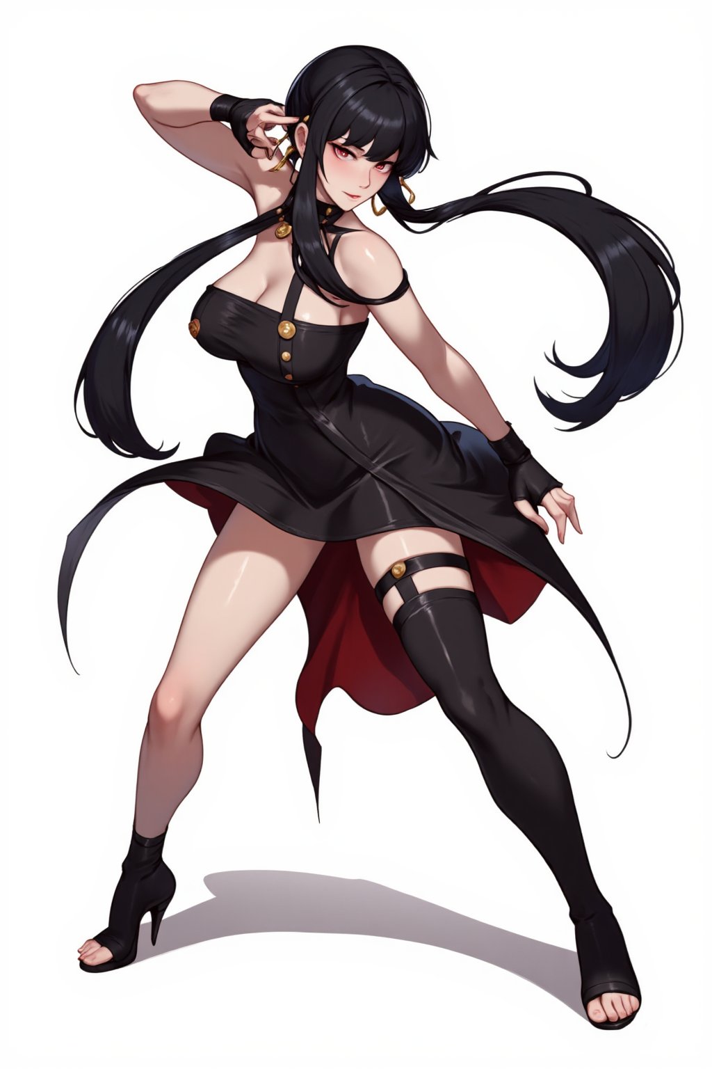 Fighting stance , black hair , long hair , sidelocks , bang , 1girl ,zzYor,  red eyes ,  long locks , black dress , fingerless gloves , thighhigh boots ,short hair with long locks, black hair