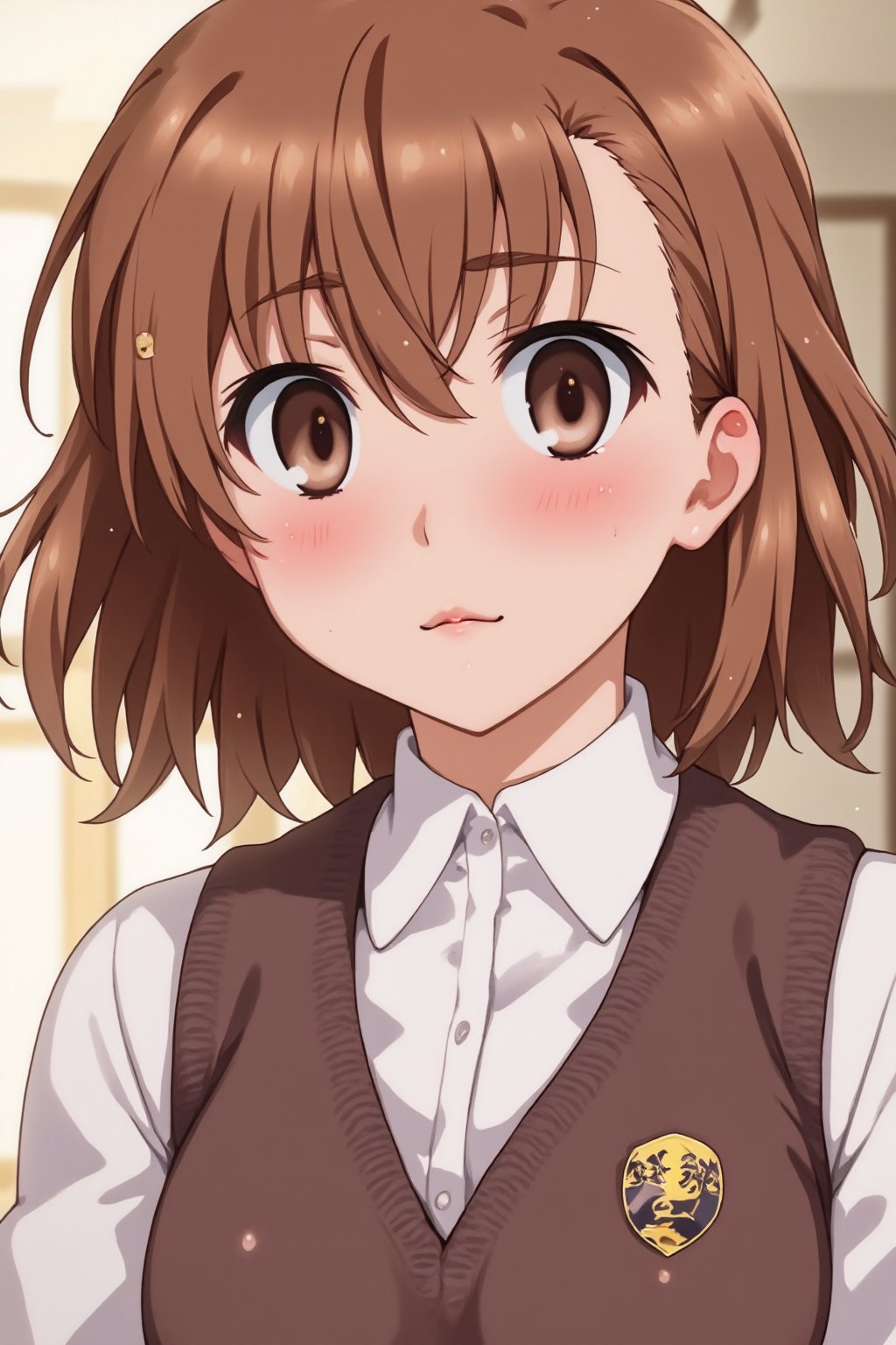 Misaka mikoto,brown hair,short hair ,  school uniform ,  brown vest , portrait , closeup face , upper body , 

