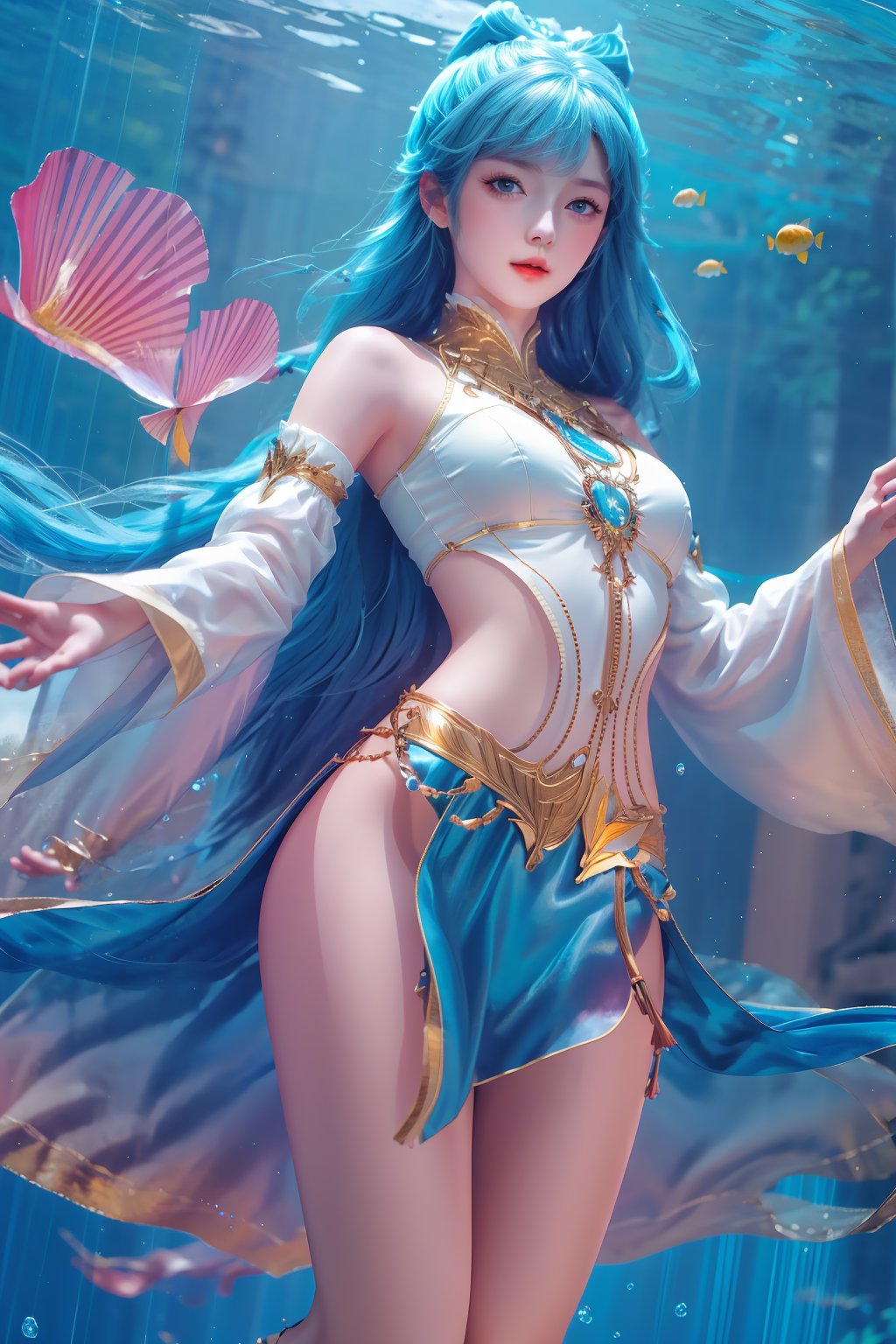 masterpiece,best quality,official art,extremely detailed CG unity 8k wallpaper,
  looking at viewer,
looking at viewer,underwater,
,1girl,stand,
stand,stand,
Above the waist,Thigh exposed,
blue hair,dynamic pose, dynamic angle,



looking at viewer,
