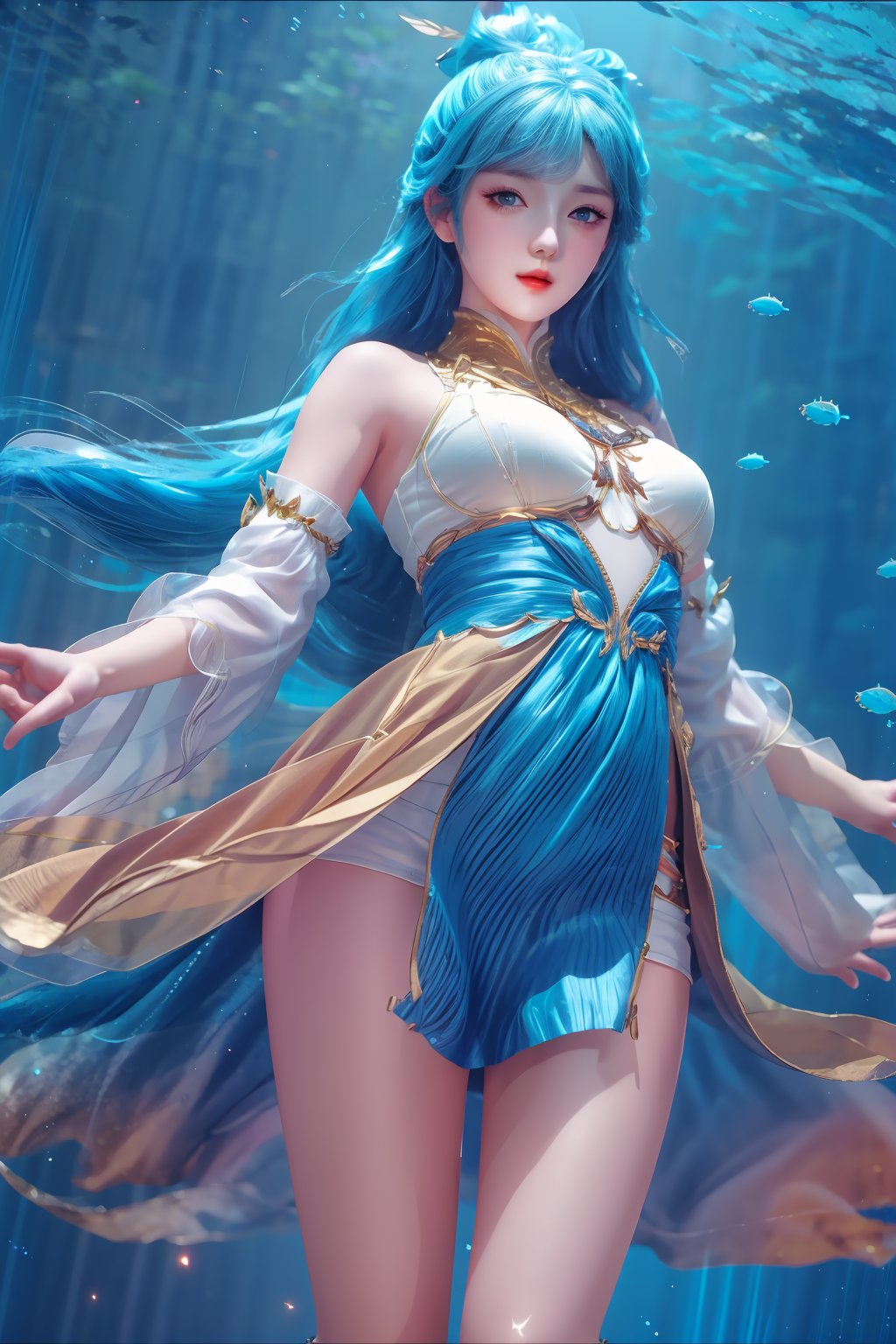 masterpiece,best quality,official art,extremely detailed CG unity 8k wallpaper,
  looking at viewer,
looking at viewer,underwater,
,1girl,stand,
stand,stand,
Above the waist,Thigh exposed,
blue hair,dynamic pose, dynamic angle,



looking at viewer,
