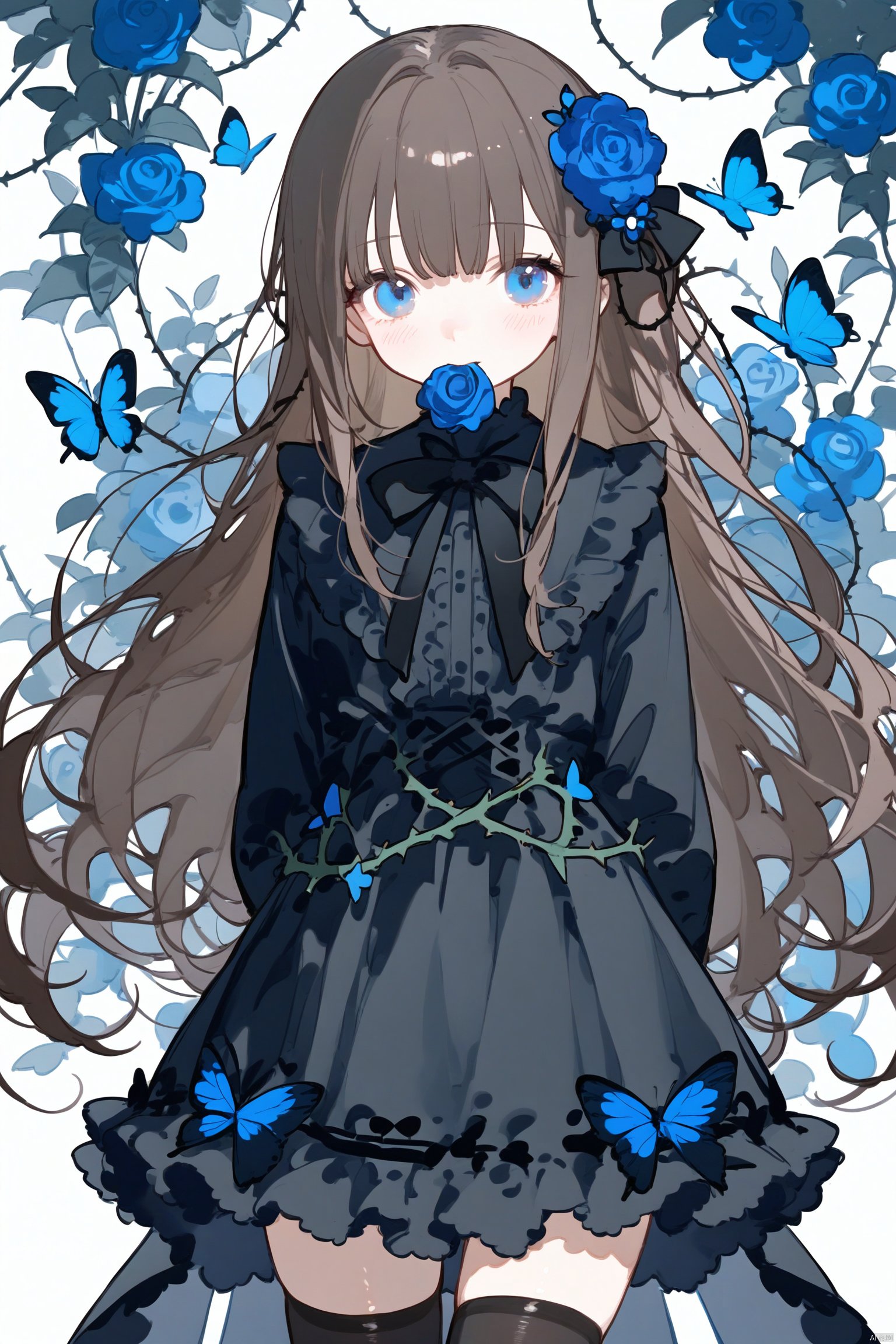 Elite,1girl, solo, long hair, looking at viewer, blush, bangs, blue eyes, skirt, simple background, brown hair, shirt, black hair, hair ornament, thighhighs, long sleeves, white background, dress, bow, ribbon, very long hair, closed mouth, flower, cowboy shot, frills, black thighhighs, hair flower, blunt bangs, bowtie, zettai ryouiki, black shirt, black bow, rose, mouth hold, arms behind back, frilled dress, bug, plant, butterfly, blue flower, blue rose, vines, thorns