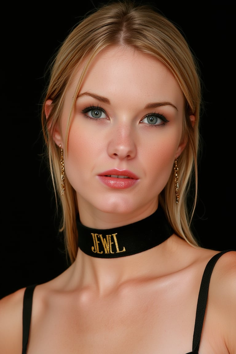 A stunning portrait of woJ3w3l with blonde slicked back hair, wet hair, she has perfect beautiful skin she is looking directly at the camera with parted lips, her lips has gloss lipstick giving a wet feel. She is wearing chic golden earrings and a black choker with golden lettering that can read  "JEWEL". The background is black that matches with the choker making an amazing composition. The image is very high detailed with 16k of resolution.