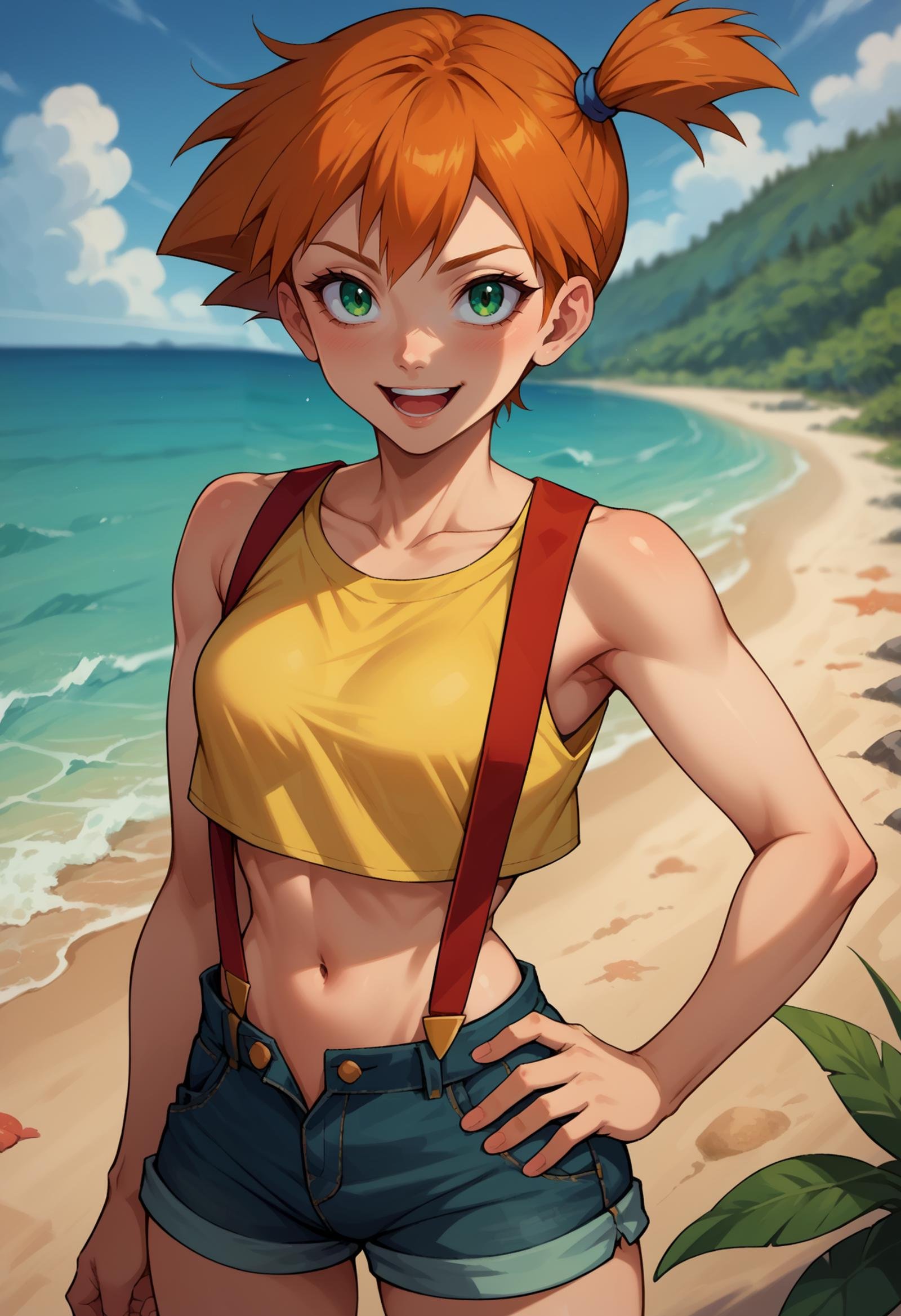 score_9, score_8_up,score_7_up, source_anime, 1girl, solo, <lora:EPpkMisty:1.0>, EPpkMisty, orange hair, short hair, side ponytail, green eyes, bare arms, suspenders, navel, midriff, yellow shirt, collarbone, crop top, sleeveless shirt, denim shorts, breasts, hand on hip, looking at viewer, smile, upper teeth only, outdoors, ocean, beach, blurry background, 