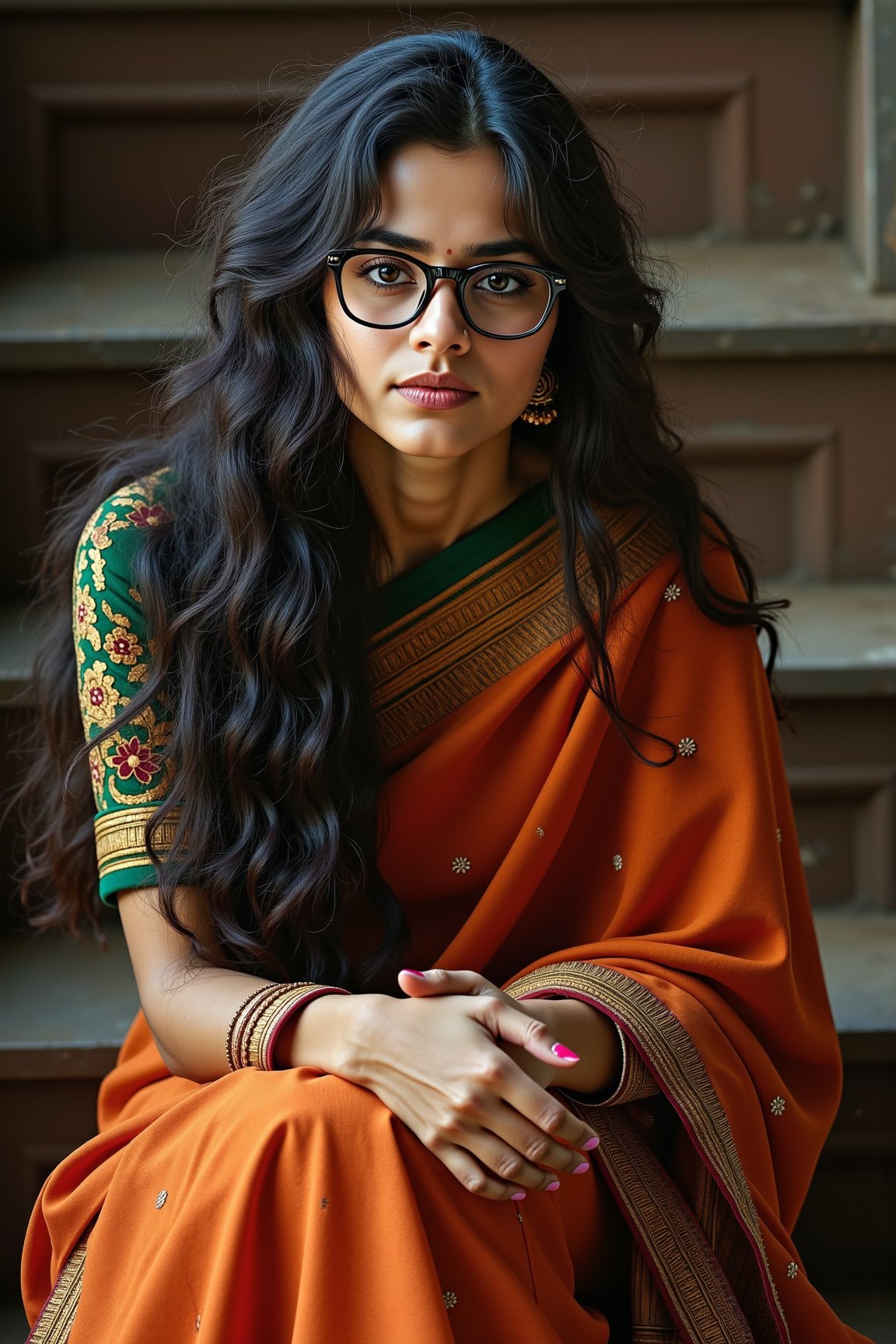 indian woman, Cinematic, 

A highly detailed portrait of a beautiful Indian woman with an expression of introspection. Mild skin complexion, long messy wavy hair, layered, nerdy glasses, her layered a brand new richly dark orange-green tartan textured garments and shawl wrap around her in a testament to her heritage. She is sitting on an old rustic steel stairs, adding to the ambiance and depth of her poignant expression, detail eyes

High dynamic range, vivid, rich details, clear shadows and highlights, intense, enhanced contrast, highly detailed, 8k