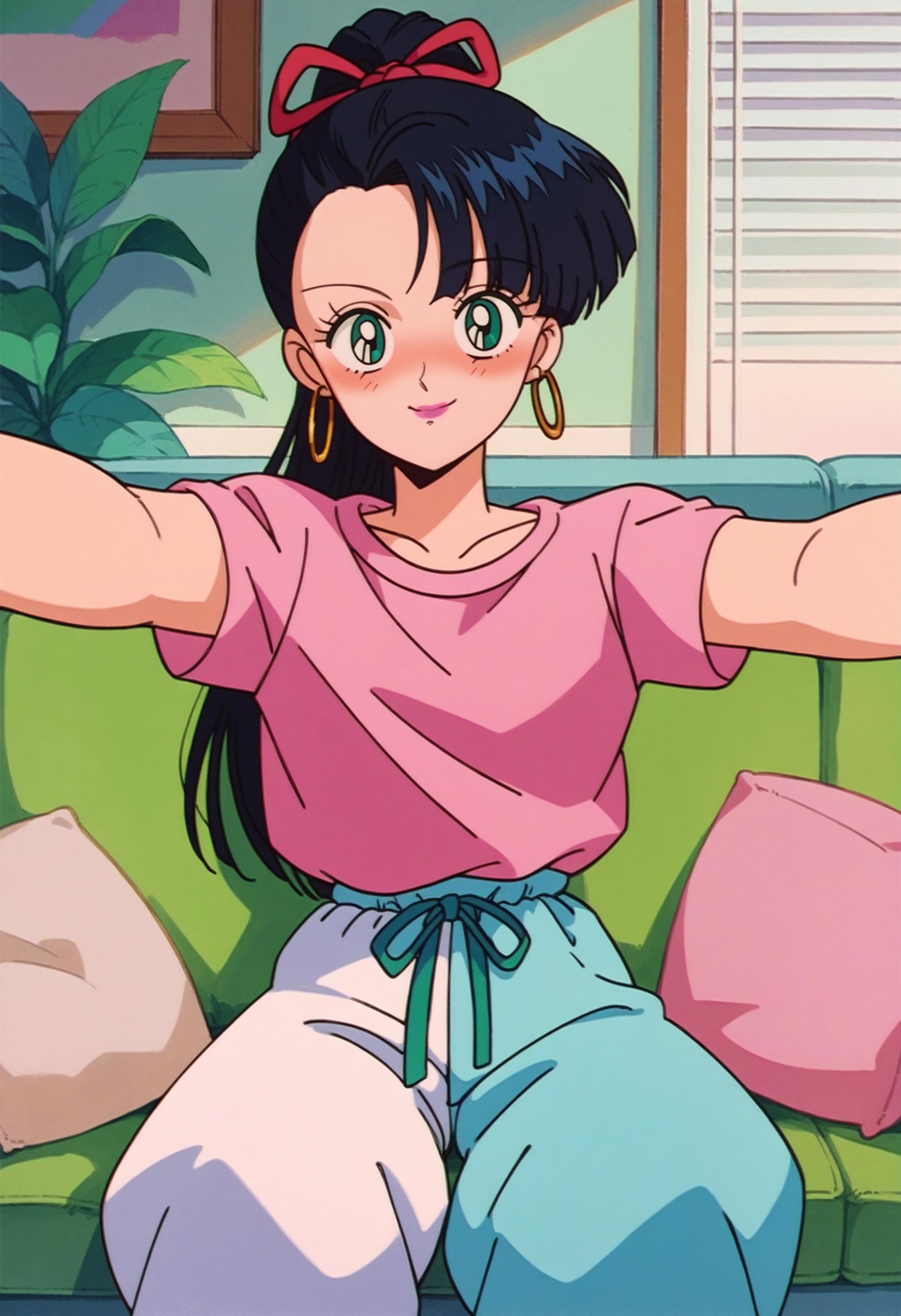 score_9, score_8_up,score_7_up, source_anime, 1girl, solo, black hair, hair ribbon, green eyes, high ponytail, asymmetrical bangs, red ribbon, hoop earrings, pink lips, pink t-shirt, baggy pants, outstretched arms, blush smiling, sitting on couch, in living room, looking at viewer, pov, incoming hug,