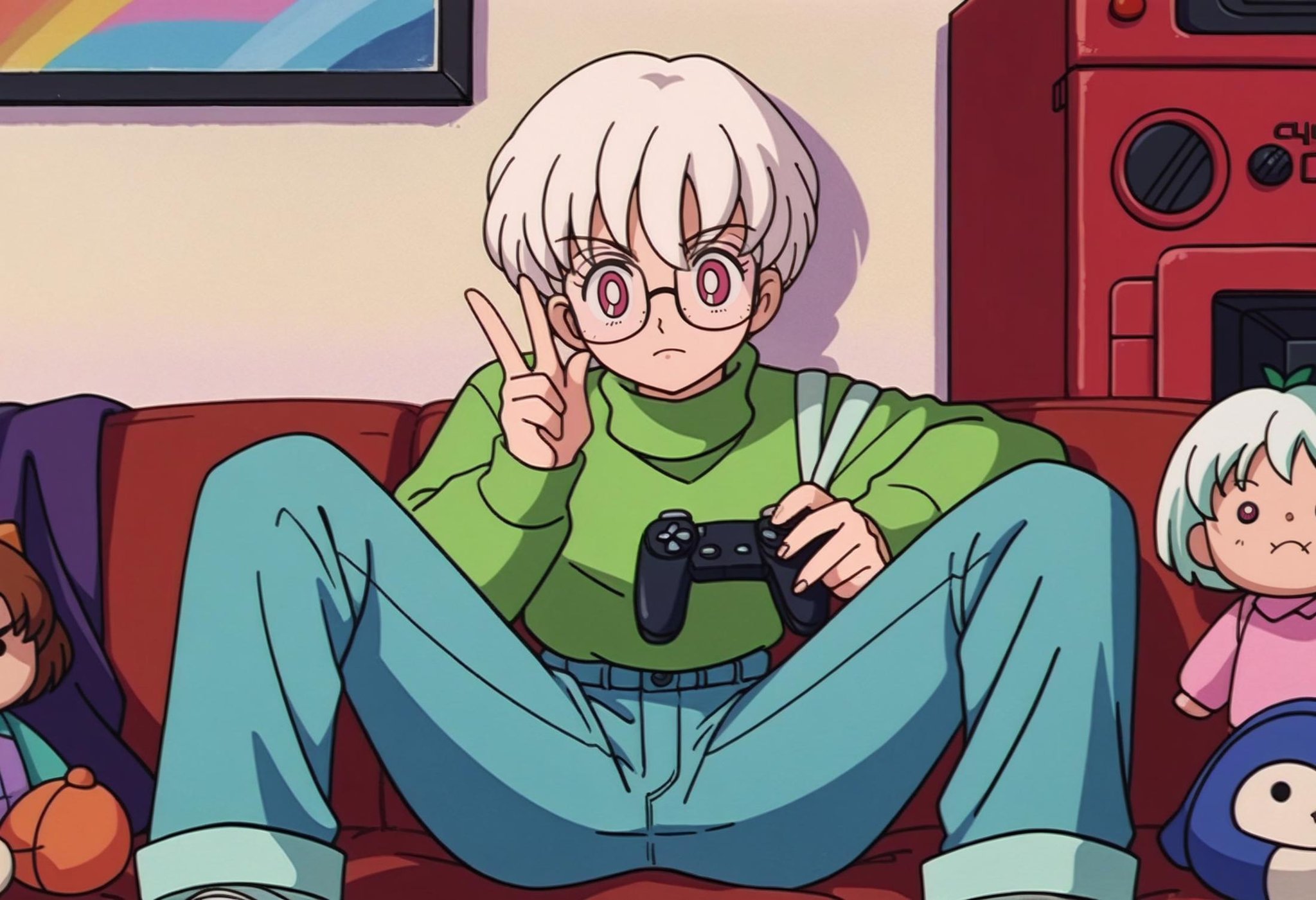 score_9, score_8_up,score_7_up, source_anime, rating_safe, 1girl, ,unworn pants,white hair,unworn eyewear,ninninpanzer,pants,turtleneck sweater,eisu-chan \(eisu\),v,sweater,borrowed character,capri pants,short hair,toy packaging,gamecube controller,bottomless,turtleneck,doll,character doll,glasses,pink eyes,action figure